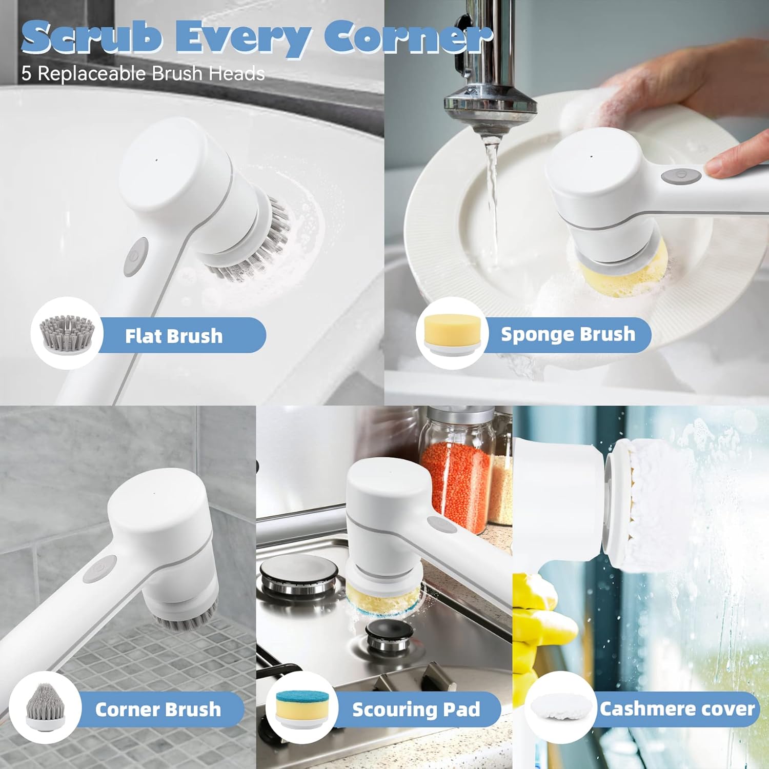 Electric Spin Scrubber Cordless Power Cleaning Brush with 5 Replaceable Brush Heads Rechargeable Scrubber for Bathroom Tub Sink Kitchen Dishes Tile Window Floor Grout, White - Image 6