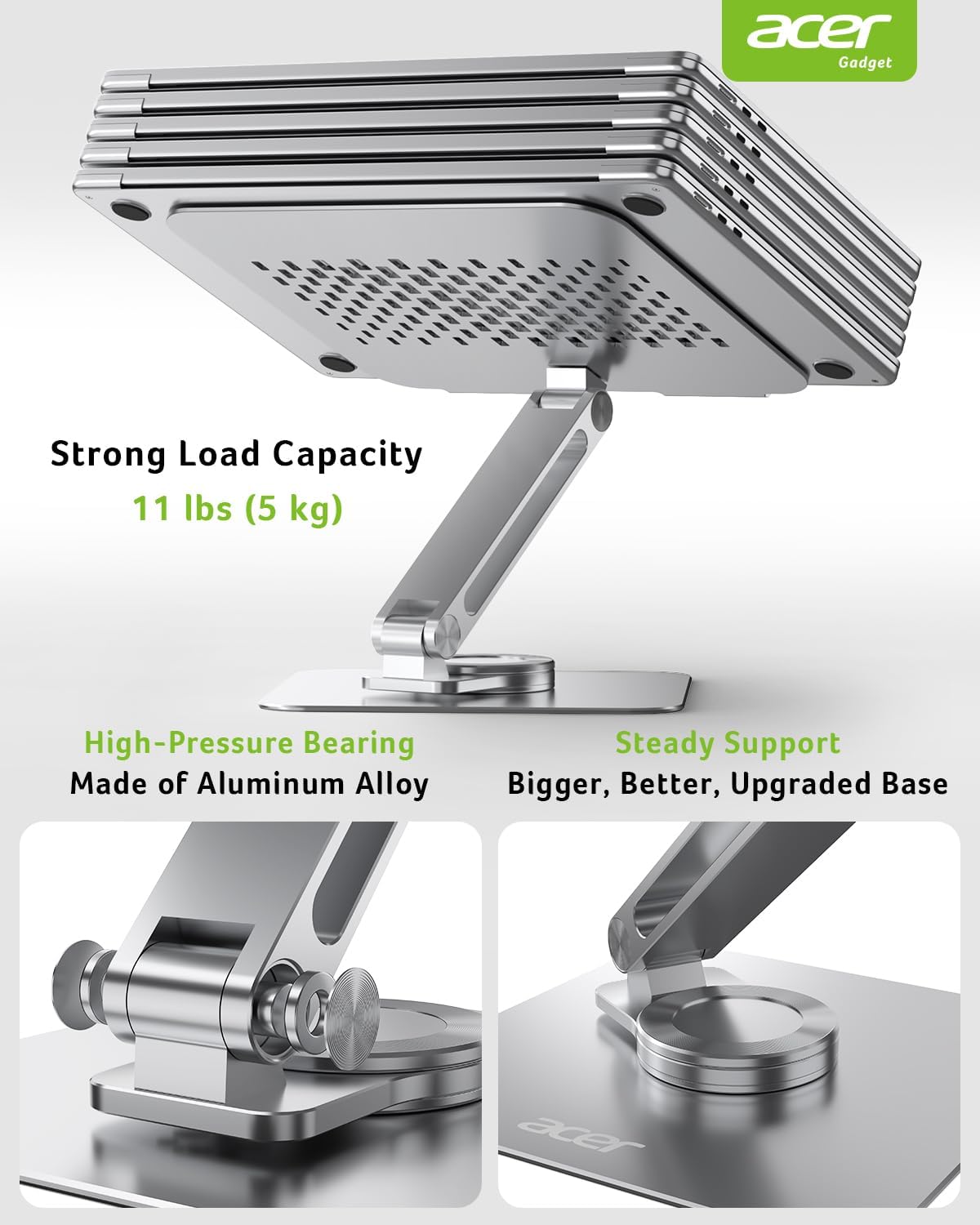 acer Laptop Stand for Desk - with 360 Swivel Base, Rotating Laptop Riser for Desk, Adjustable Computer Stand for Laptops, Ergonomic Riser Holder Foldable, Portable MacBook Pro Air (10-16") - Silver - Image 6