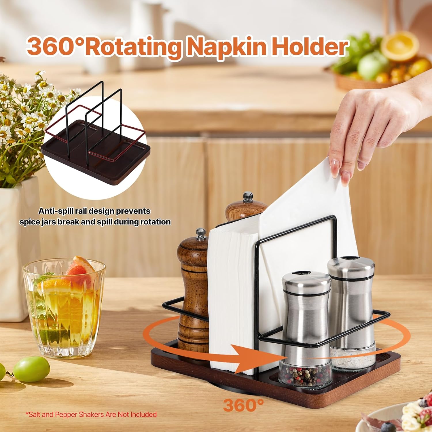 Napkin Holder for Table,Rotating Wood Metal Napkin Holder with Salt and Pepper Shakers Caddy,Farmhouse Rustic Vertical Napkin Dispenser for Kitchen Dining Table Decor,Not Including Shakers - Image 3