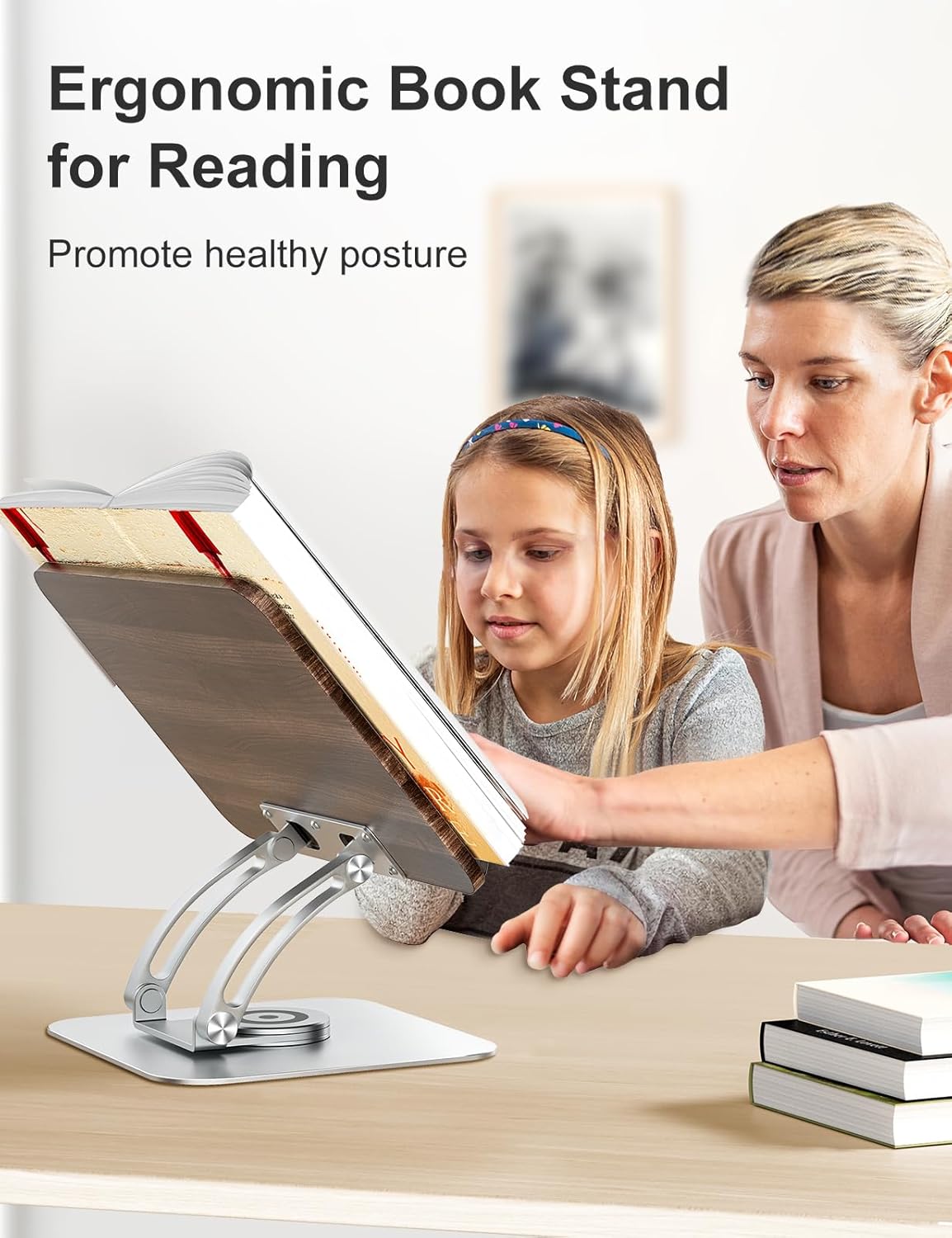 Tounee Book Stand for Reading, Adjustable Book Holder with 360° Swivel Base, Foldable Cookbook Stand Recipe Book Holder with Elastic Page Clips for Music Scores, Recipe, Tablet, Laptop-Silver - Image 3