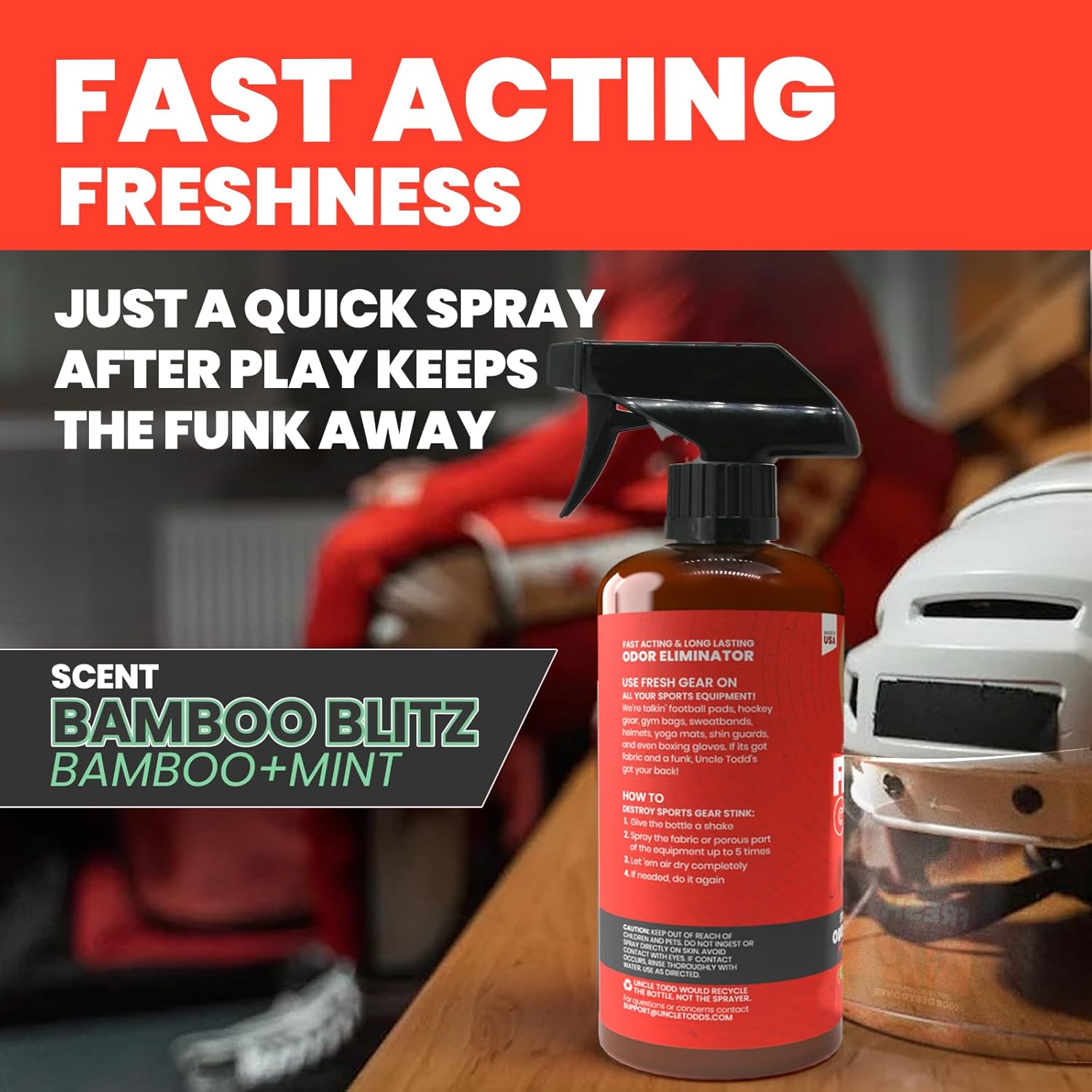 Uncle Todd's Fresh Gear Sports Equipment Odor Eliminator Spray - Extra Strength Enzyme-Powered Deodorizer for Football, Hockey, Gym Bags, and Athletic Gear - Bamboo Blitz Scent - 16 oz - Image 4