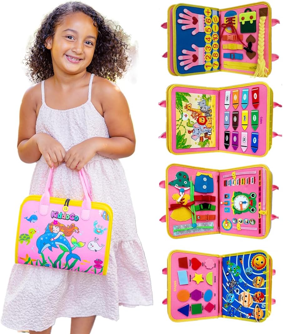 Busy Board Book Bag for Kids | Interactive Learning Activities for Ages 2-7 | Mermaid-Themed Skill-Building Kit | Hair Braiding, Tying Shoes, Math, and Alphabet Puzzles, Felt Bag - Image 2