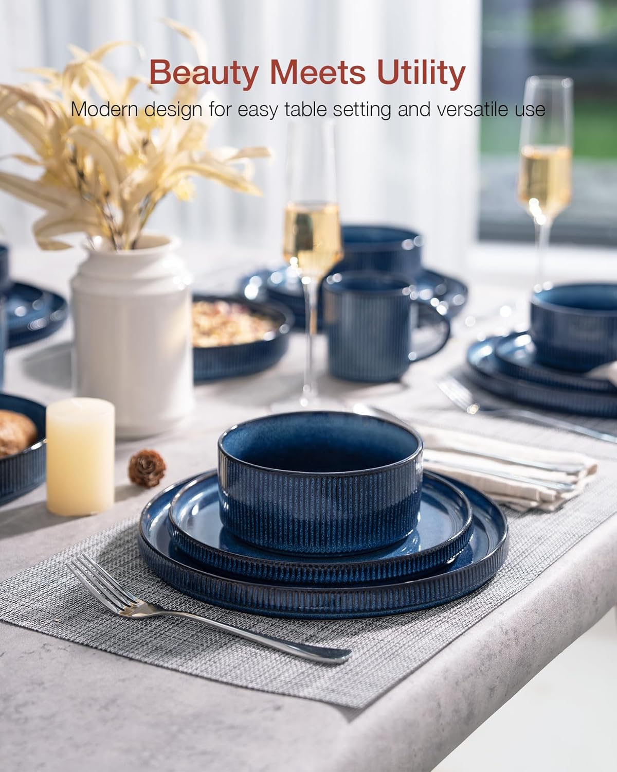 Famiware Star Dinnerware Sets, Plates and Bowls Set for 4, 12 Pieces Ribbed Dishes - Chip and Scratch Resistant, Microwave and Dishwasher Safe Tableware, Nebulas Blue - Image 4