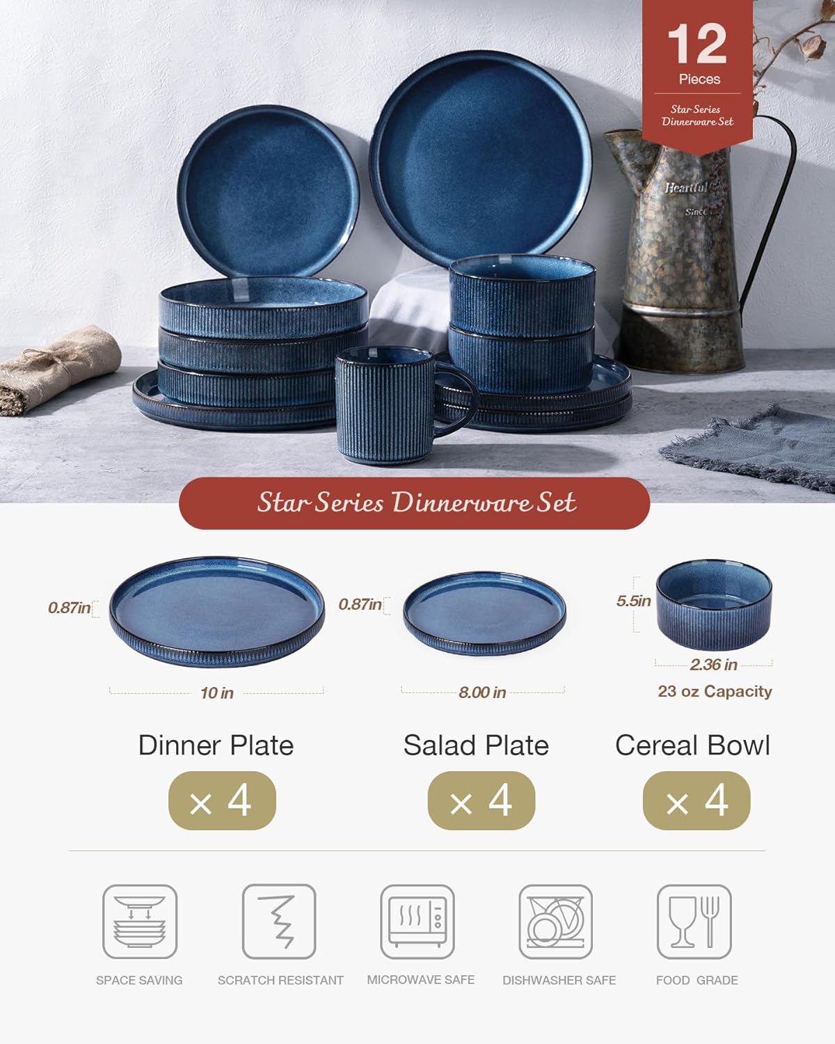 Famiware Star Dinnerware Sets, Plates and Bowls Set for 4, 12 Pieces Ribbed Dishes - Chip and Scratch Resistant, Microwave and Dishwasher Safe Tableware, Nebulas Blue - Image 3