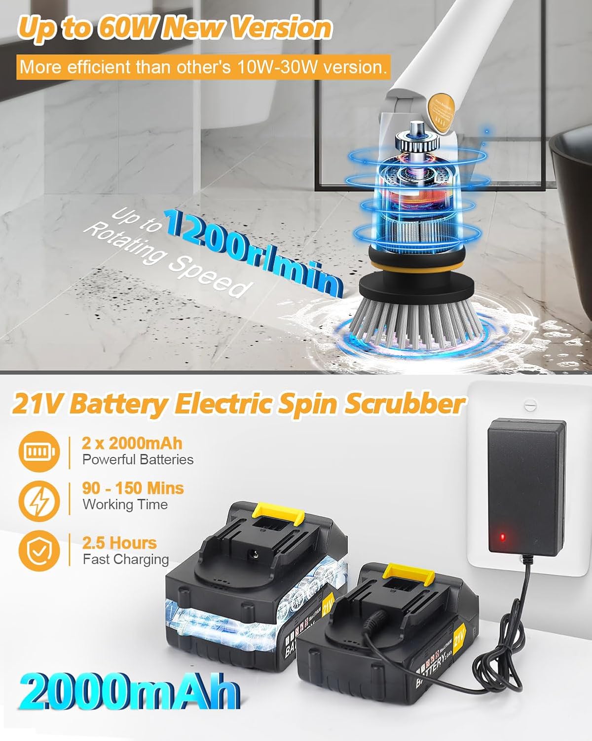 4000mAh Battery Electric Spin Scrubber, 1200 RPM Power Electric Scrubber for Cleaning,3 Speed Adjustable Handle Cordless Shower Cleaning Brush. - Image 3