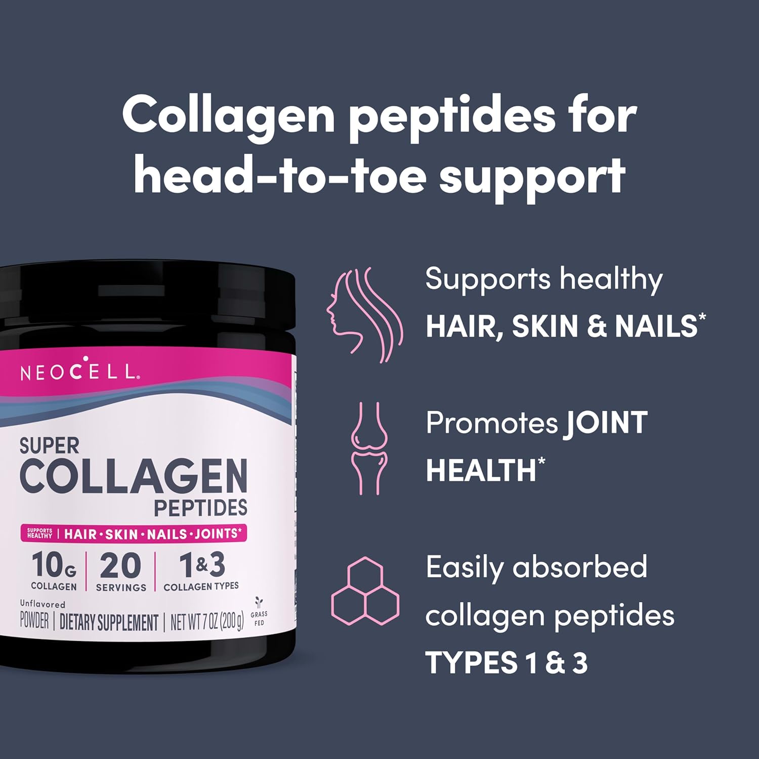 NeoCell Super Collagen Peptides, 10g Collagen Peptides per Serving, Gluten Free, Keto Friendly, Non-GMO, Grass Fed, Healthy Hair, Skin, Nails and Joints, Unflavored Powder, 7 oz., 1 Canister - Image 5