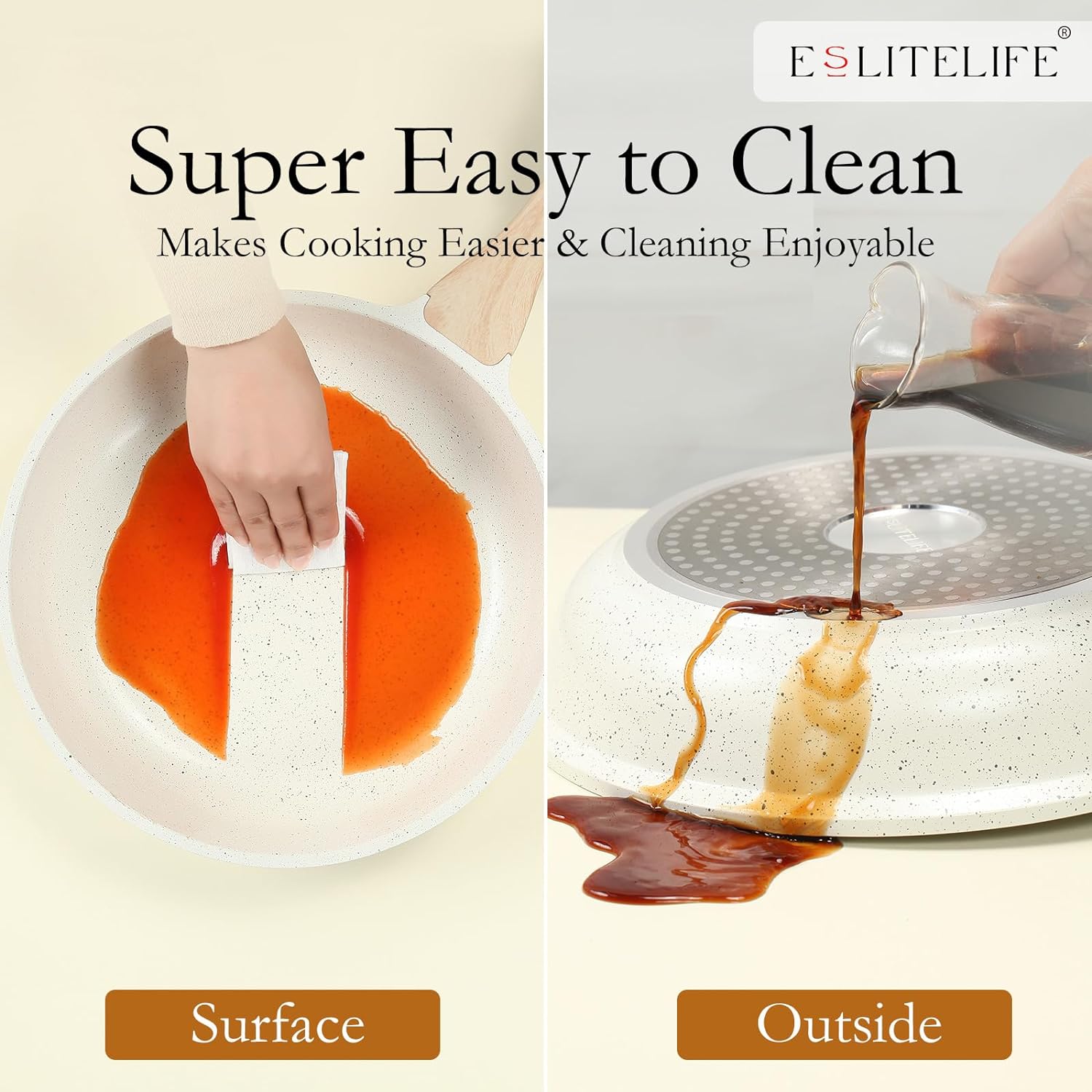 ESLITE LIFE Nonstick Ceramic Frying Pans Skillets Set with Lids, Non-Toxic Egg Omelette Kitchen Cooking Pans Compatible with All Stovetops (Gas, Electric & Induction), PTFE & PFOA Free (White) - Image 7