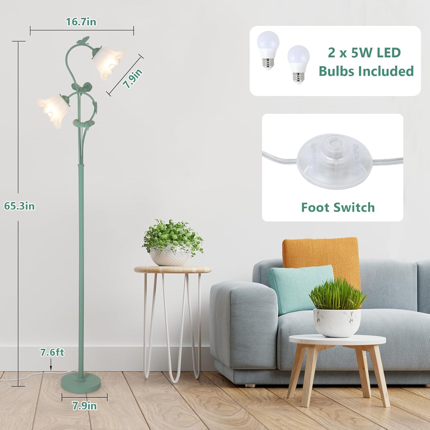 HMVPL Flower Floor Lamp for Living Room, Vintage Floor Lamp with 2 LED 5W Blubs, Foot Switch, Green Standing Lamp with Acrylic Shade, Unique Floral Tall Lamp for Living Room Bedroom Corner Office - Image 6