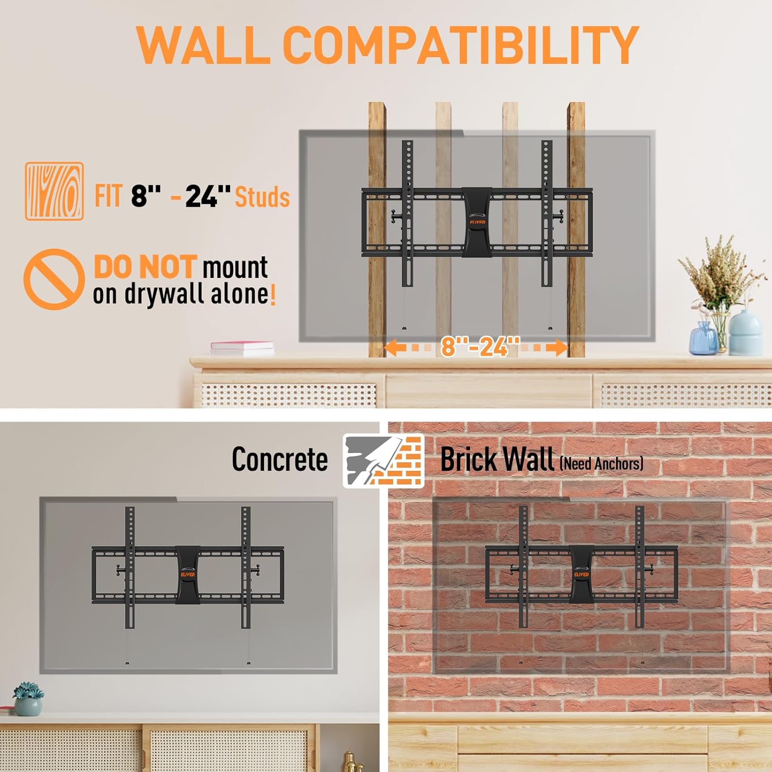 ELIVED TV Wall Mount for Most 37-84 Inch TVs, Max Load Capacity 120 lbs. Tilting tv Mount with Level Adjustment, Wall Brackets Max VESA 600x400mm, Fits 16-24 Inch Studs - Image 7