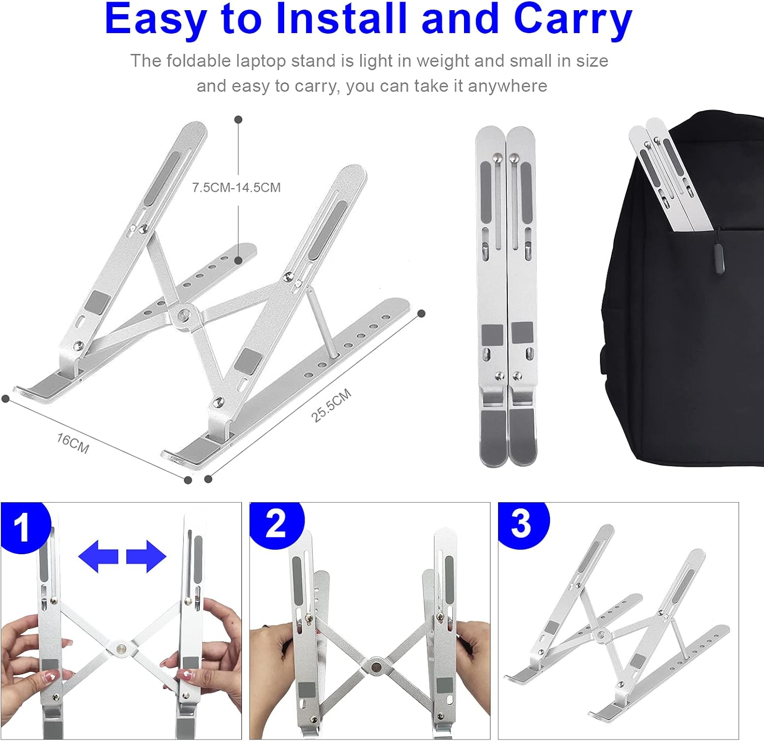 Laptop Stand - Adjustable Ergonomic Aluminum Stand, 7 Angle Anti-Slip, Compatible with 9-15.6 inch Laptops, Silver - Image 3