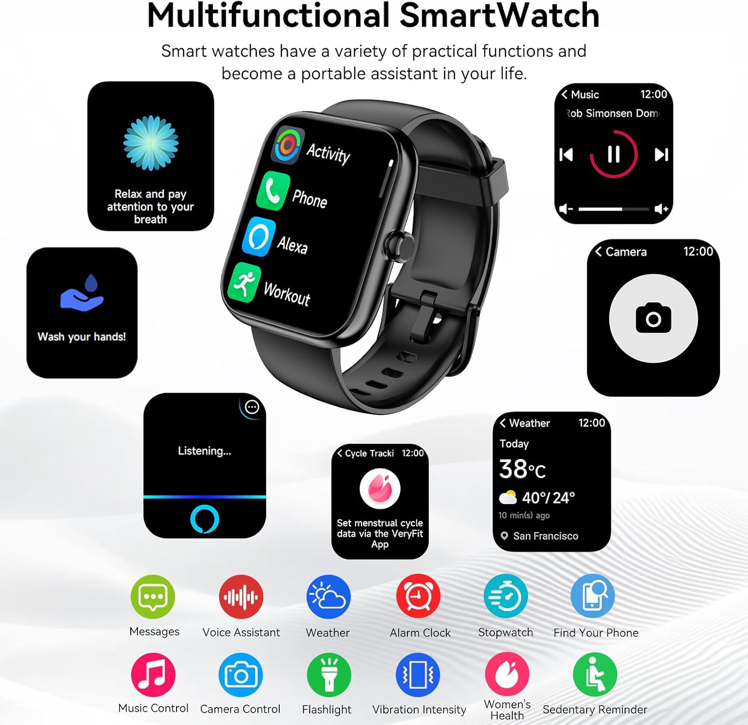 Smart Watch with Alexa Built-in, 1.83" HD Touchscreen, Bluetooth Call/Make Calls, IP68 Waterproof Fitness Tracker with 120+ Sport Modes, 24/7 Heart Rate & Sleep Monitor for iOS/Android (Black) - Image 7