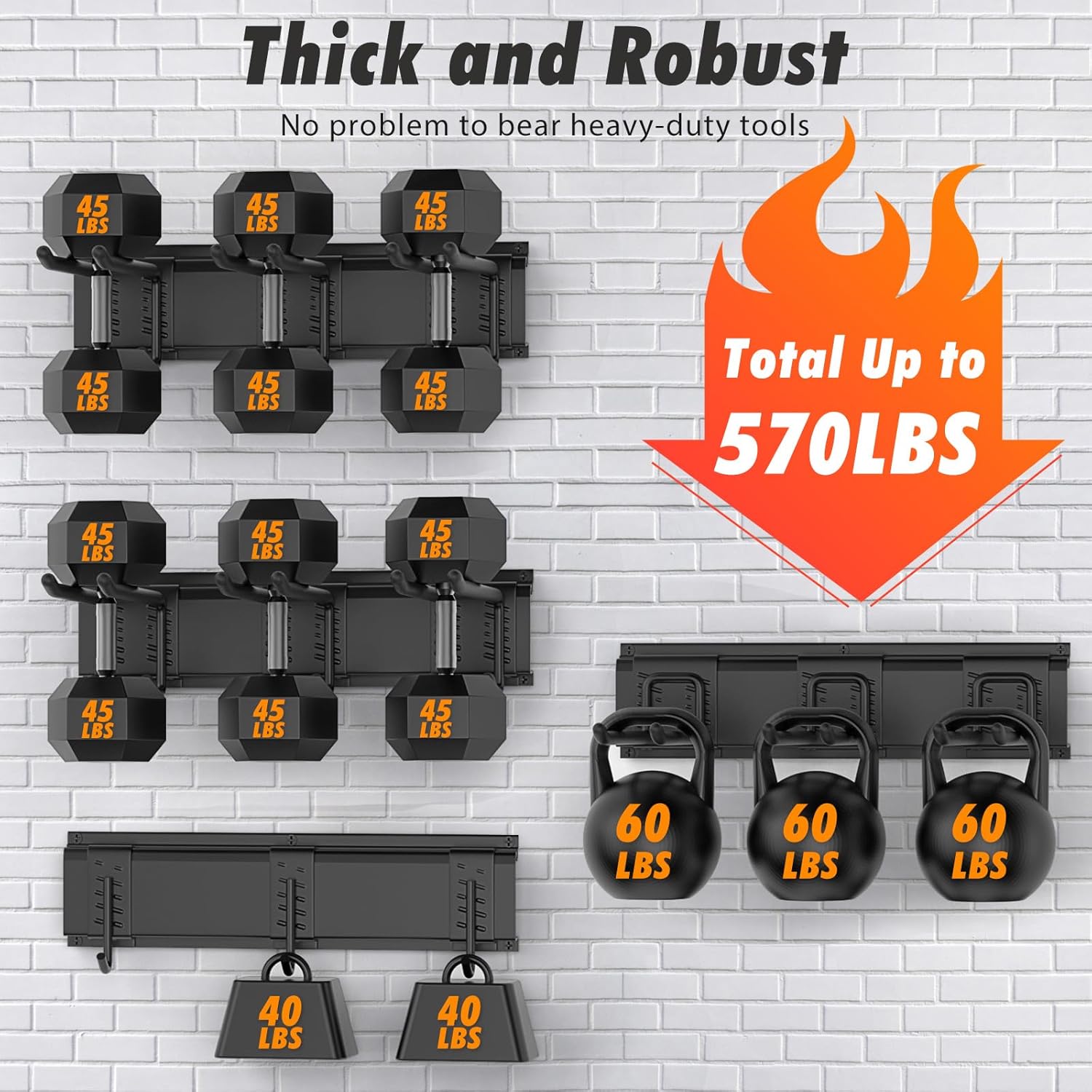 Heavy Duty Garden Tool Organizer 64 Inch - 18Pack Carries 570 lbs, Garage Tool Organizer Storage System, 4 Rails with 12 Adjustable Hooks, Tool Holder Wall Mount for Warehouse, Workshop - Image 4