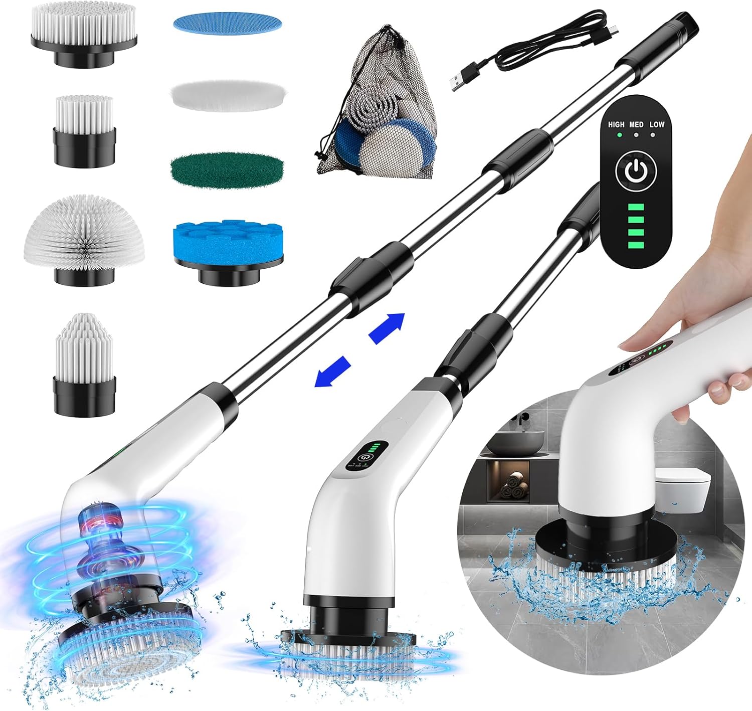 3-Speed Electric Spin Scrubber for Bathroom, 120Mins Runtime, Cordless Power Cleaning Brush with 8 Brush Heads, 3000mAh Shower Scrubber with Long Handle, Floor Scrubber, Grout Brush Bathtub Cleaning - Image 2