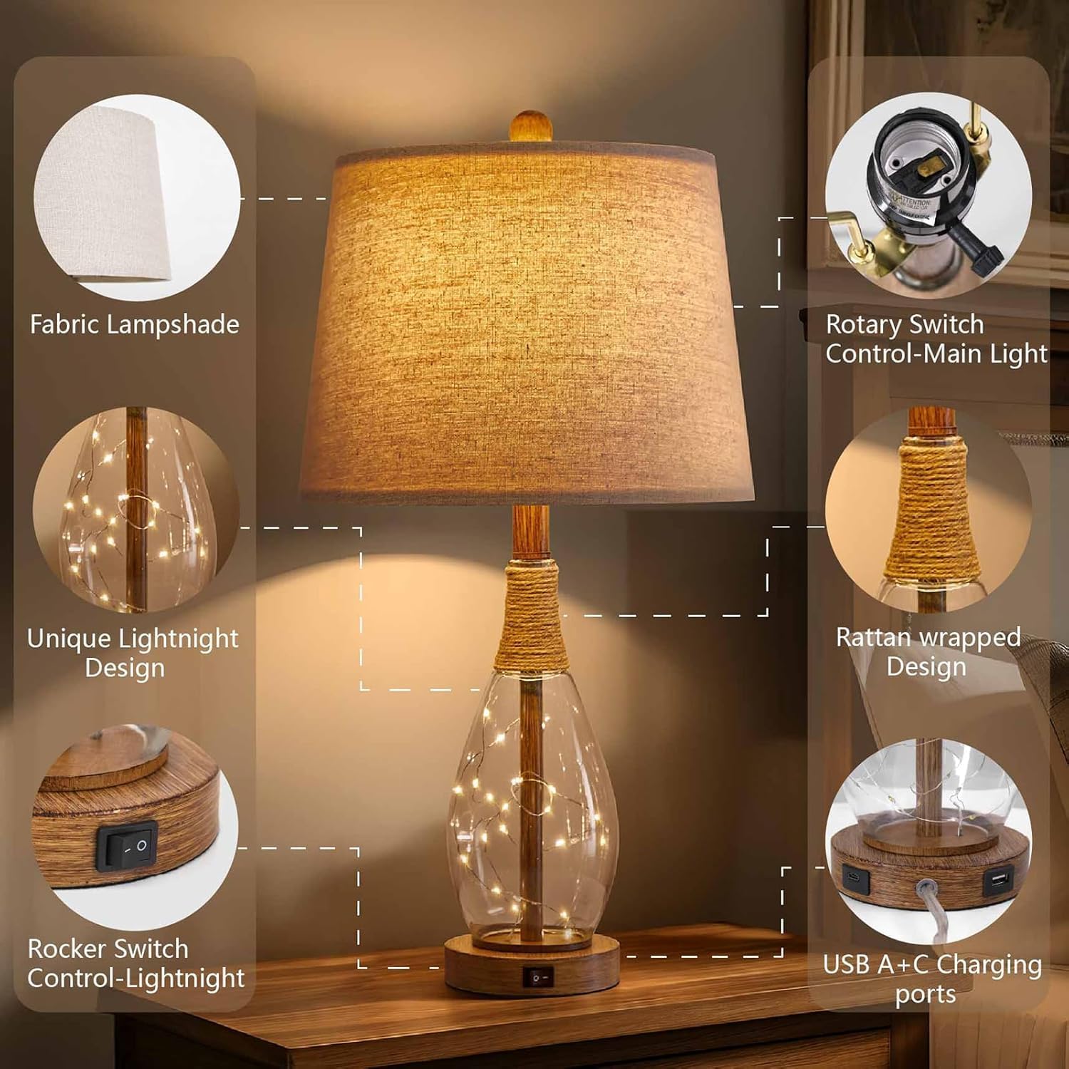 OYEARS 23" USB A+C Table Lamp Sets of 2 Modern Bedside Lamps Retro Farmhouse Rattan Glass Nightstand Nightlight Lamps for Bedroom Living Room Dorm,Two Light Points - Image 4