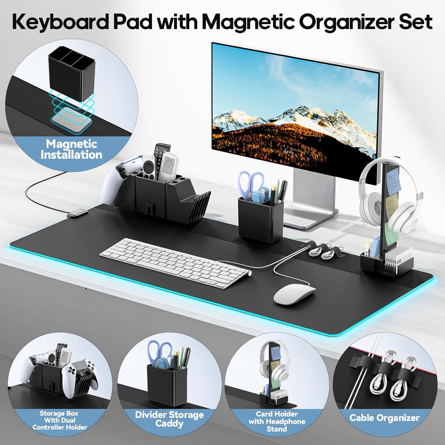 KDD RGB Gaming Mouse Pad with Magnetic Organizer Set - 8 in 1 Desk Keyboard Mat with Desktop Storage for Headset & Controller Stand/Remote Holder/Pen Holder/Cable Management for Gamer Accessory Setup - Image 4