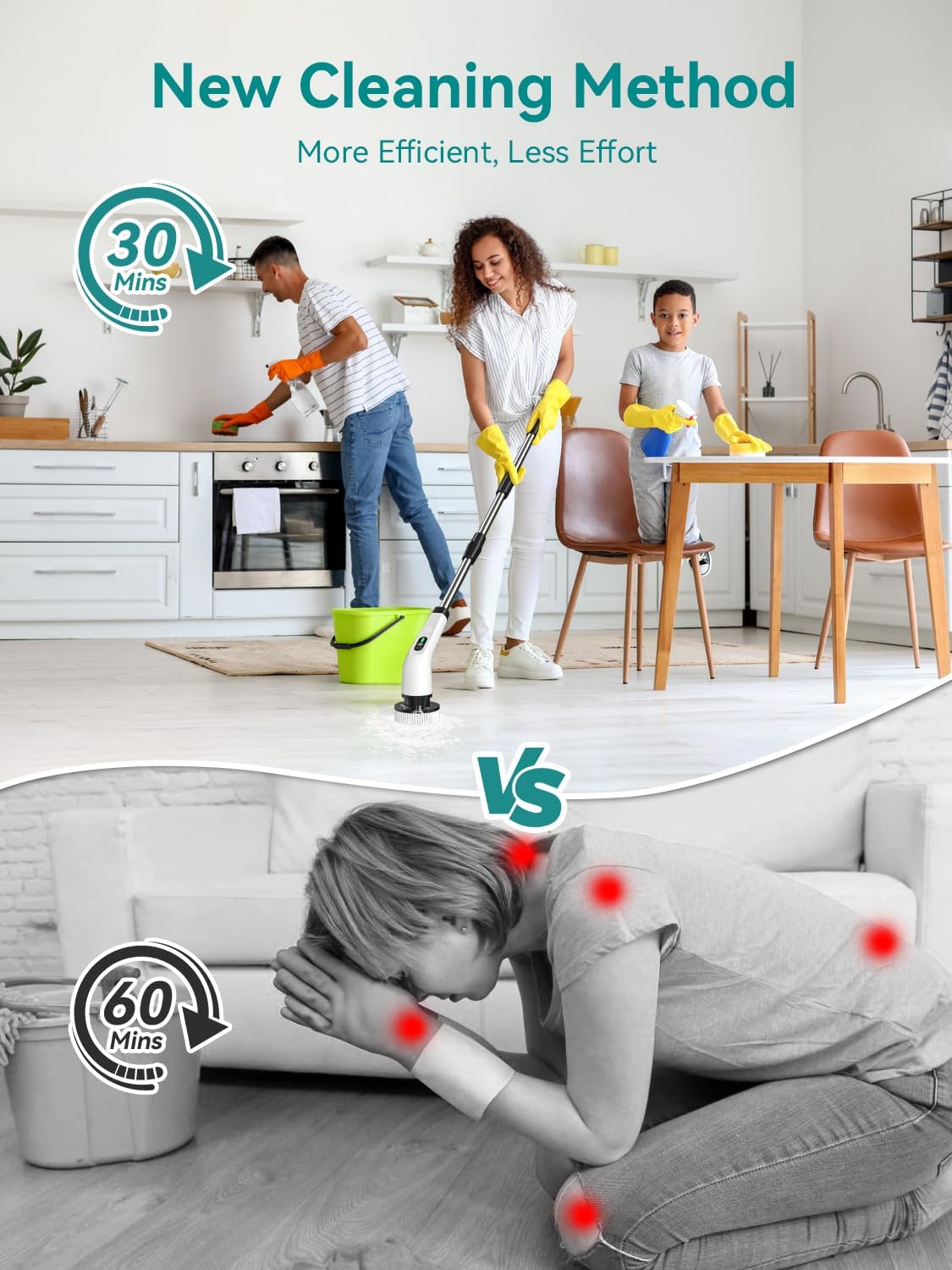 3-Speed Electric Spin Scrubber for Bathroom, 120Mins Runtime, Cordless Power Cleaning Brush with 8 Brush Heads, 3000mAh Shower Scrubber with Long Handle, Floor Scrubber, Grout Brush Bathtub Cleaning - Image 3