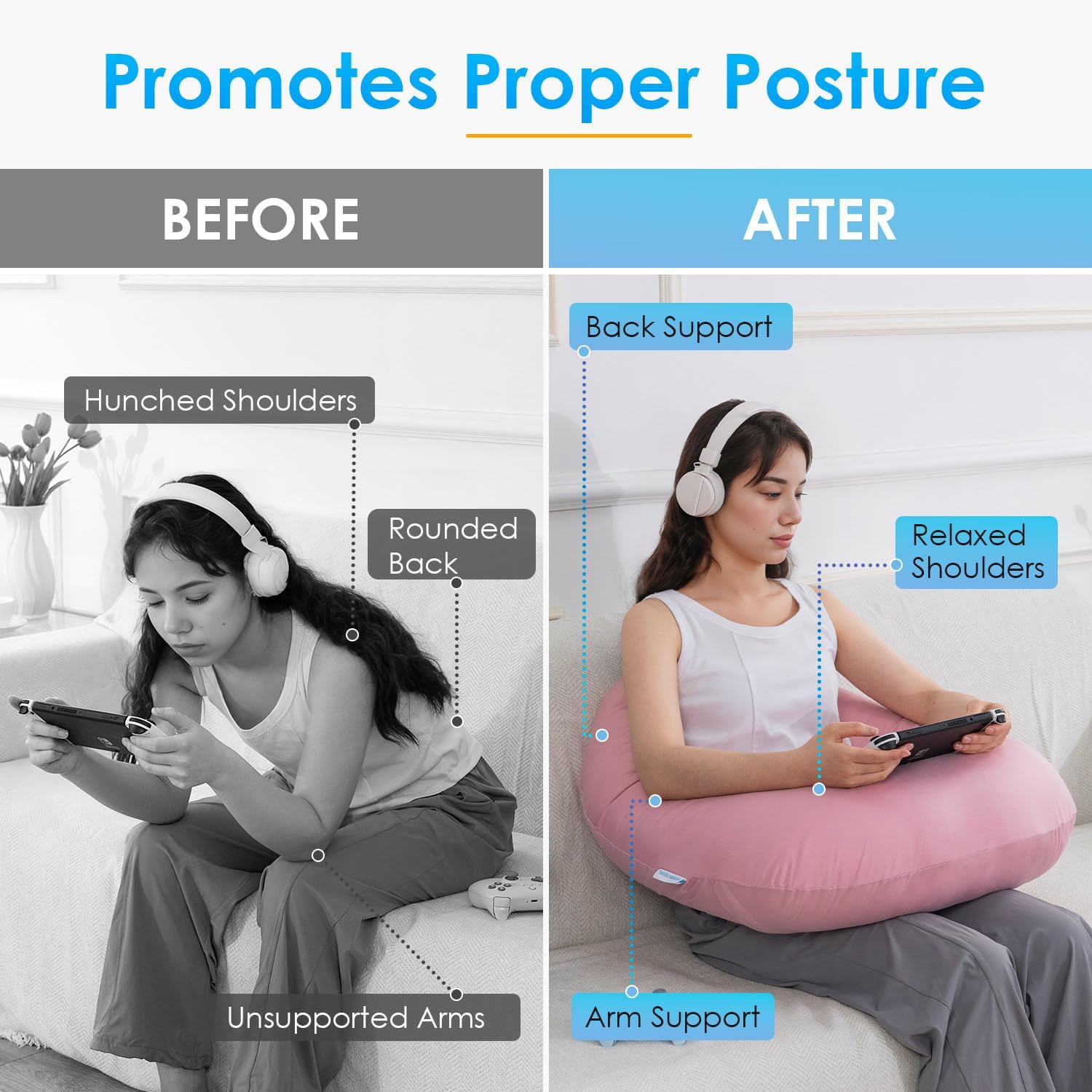 QUEEN ROSE Reading Pillow for Gaming, Lap Desk Pillow for Sitting in Bed or Sofa, Compact Arm Support Pillow for Reading, Playing or Crocheting, Cooling Pink - Image 3