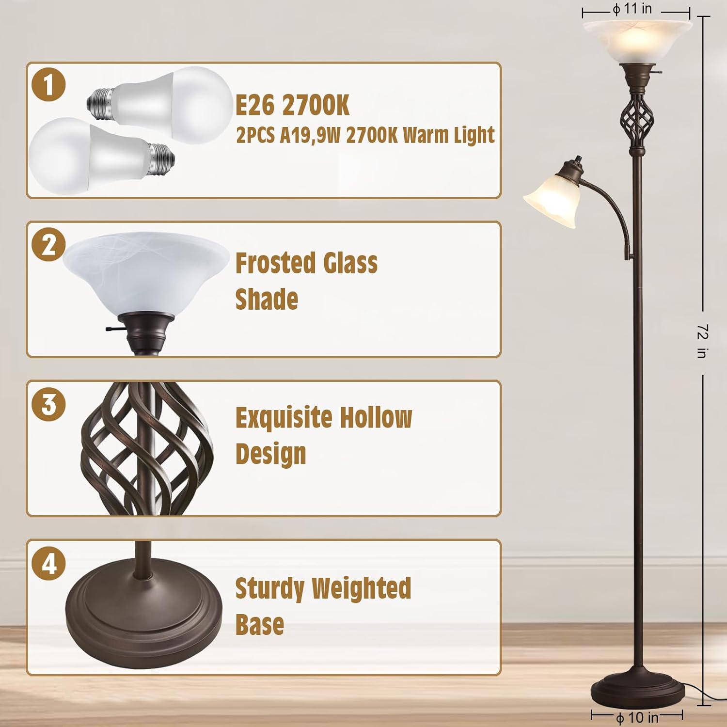 Torchiere Floor Lamp for Living Room, LED Standing Reading Light for Bedroom with Glass Shade for Living Room Corner Bedroom Home Office,Bulbs Included (Red Brown,Glass 2 Head) - Image 3