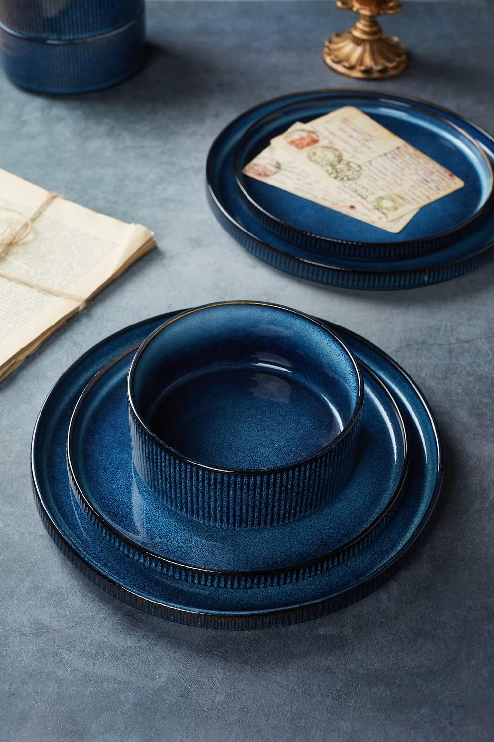 Famiware Star Dinnerware Sets, Plates and Bowls Set for 4, 12 Pieces Ribbed Dishes - Chip and Scratch Resistant, Microwave and Dishwasher Safe Tableware, Nebulas Blue - Image 10