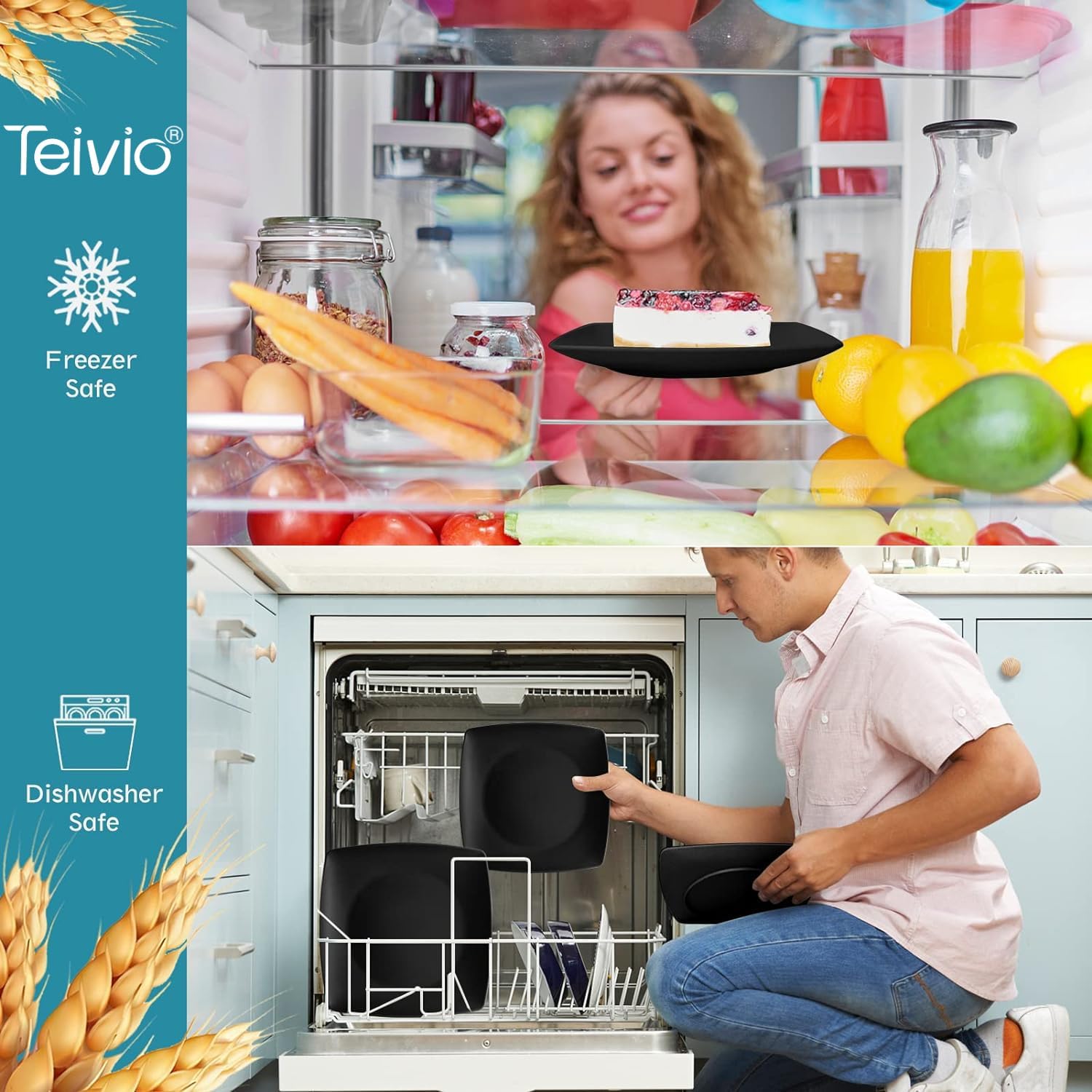 Teivio 32-piece Plastic Wheat Straw Square Dinnerware Set for 8, Unbreakable Dinner Plates, Salad Plates, Snack Bowls, Tumblers, Dishwasher Safe, Black - Image 5