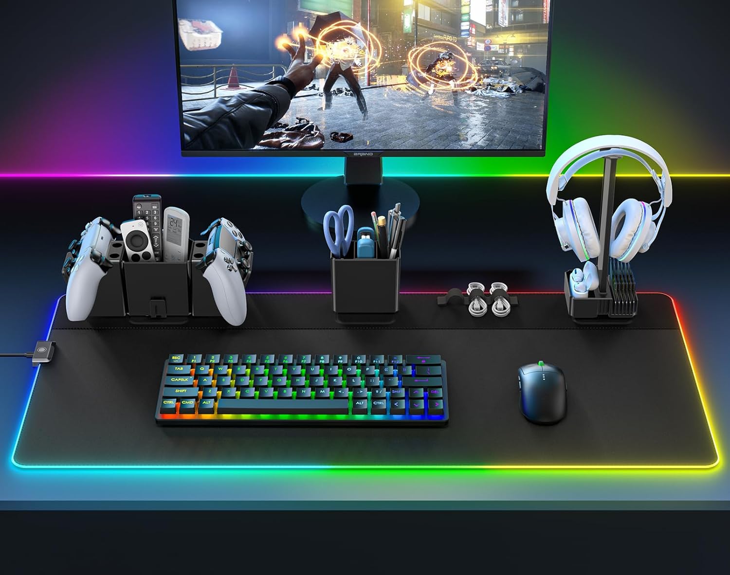 KDD RGB Gaming Mouse Pad with Magnetic Organizer Set - 8 in 1 Desk Keyboard Mat with Desktop Storage for Headset & Controller Stand/Remote Holder/Pen Holder/Cable Management for Gamer Accessory Setup - Image 2