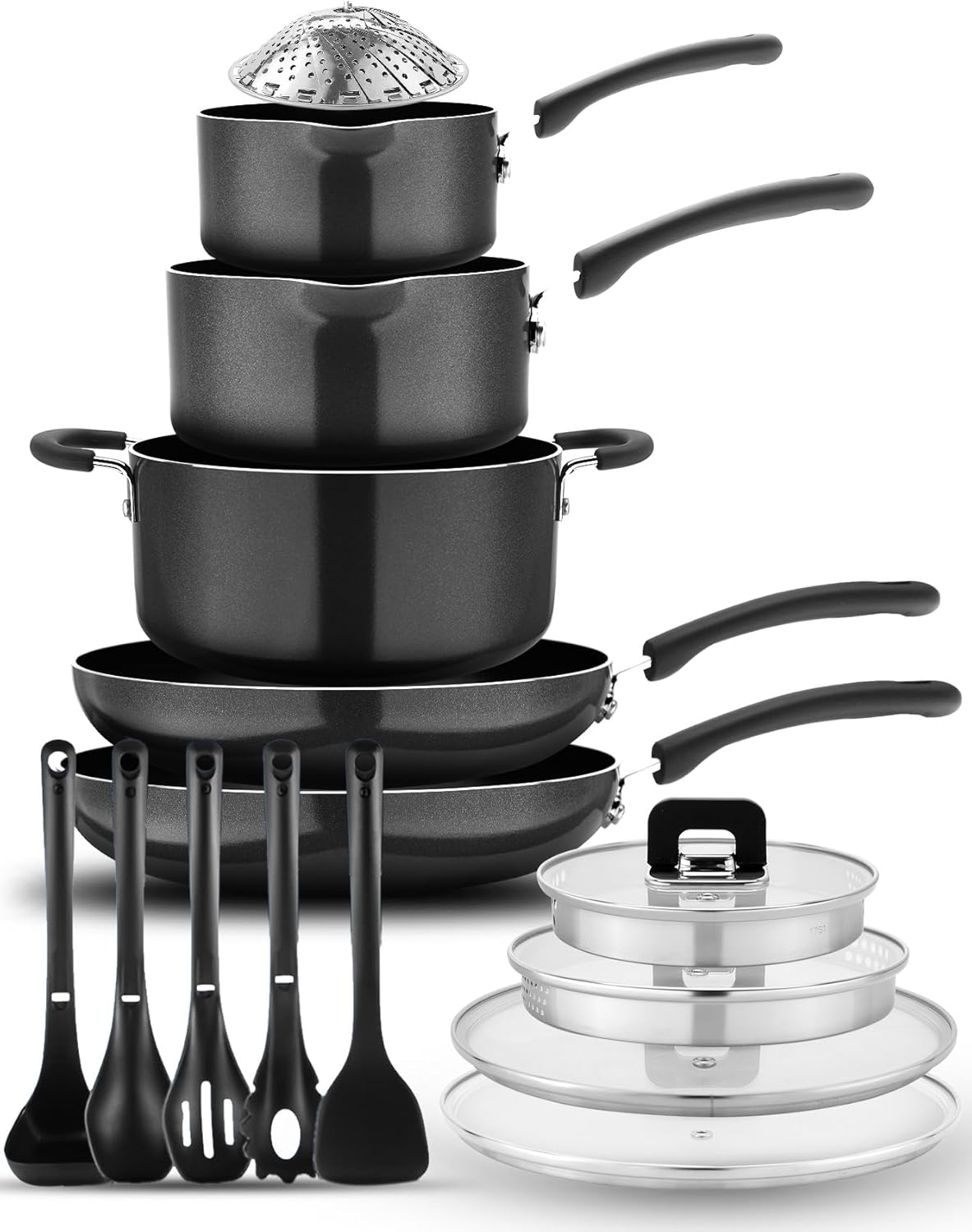 NutriChef 17-Piece Non-Stick Pans & Pots Set – Space-Saving, Induction-Compatible, Foldable Knob, Black Cookware with Heat-Resistant Utensils for Kitchen & RV - Image 2