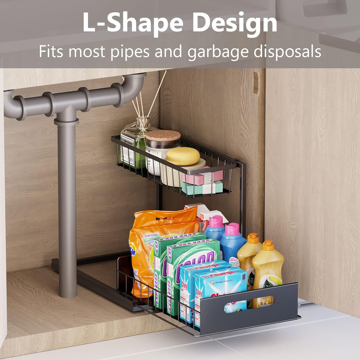 Under Sink Organizers and Storage 2 Tier Slide Out Kitchen Cabinet Organizer Sturdy Metal Bathroom Storage (Black, 2 Pack) - Image 3