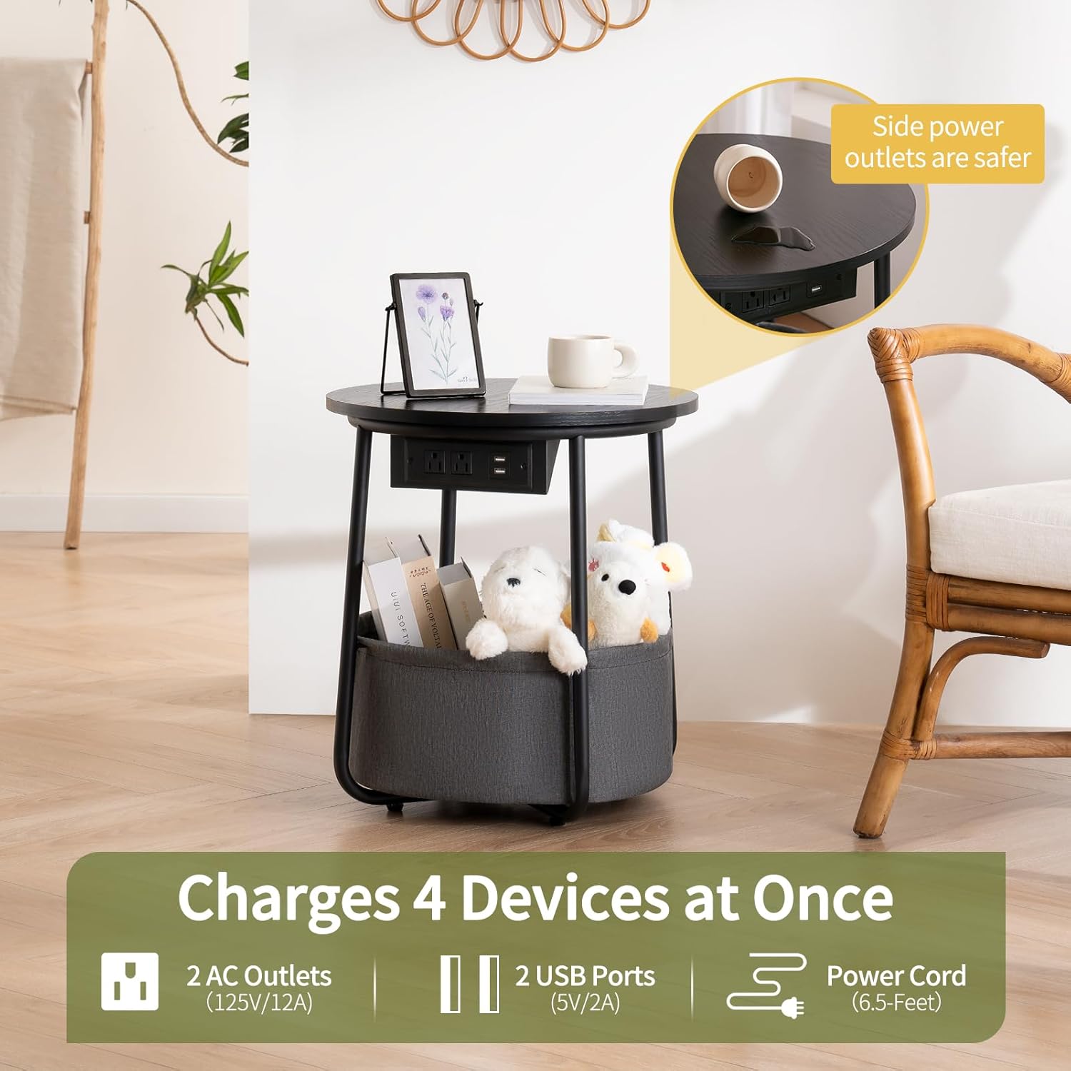 Yoobure Tree Bookshelf - 6 Shelf Retro Floor Standing Bookcase, Round Side Table, LED Night Stand with Charger Station - Image 9