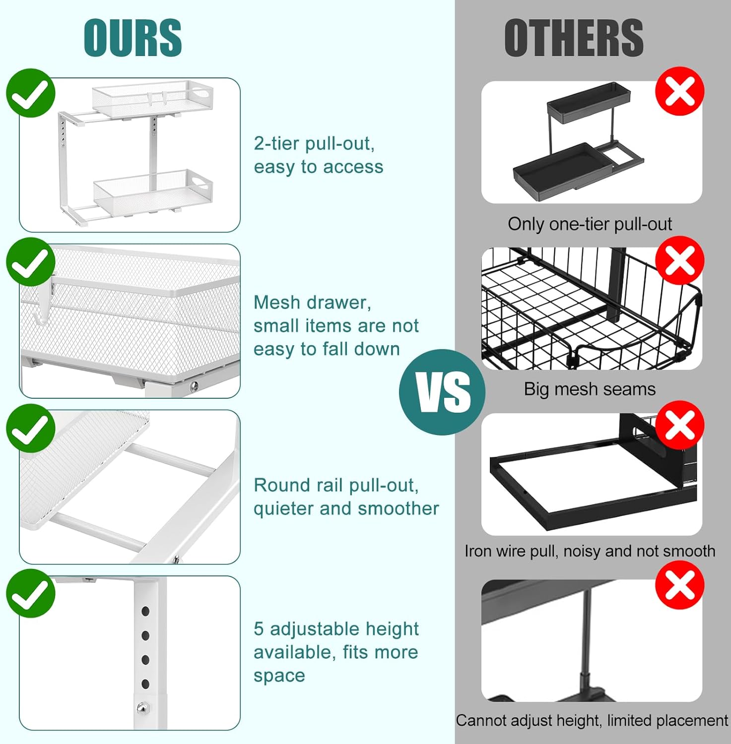 Under Sink Organizer, 2 Tier Metal Pull Out Under Sink Storage with Sliding Mesh Drawers, Height Adjustable Slide Out Under Sink Organizer Shelf for Kitchen Bathroom Cabinet, White - Image 6