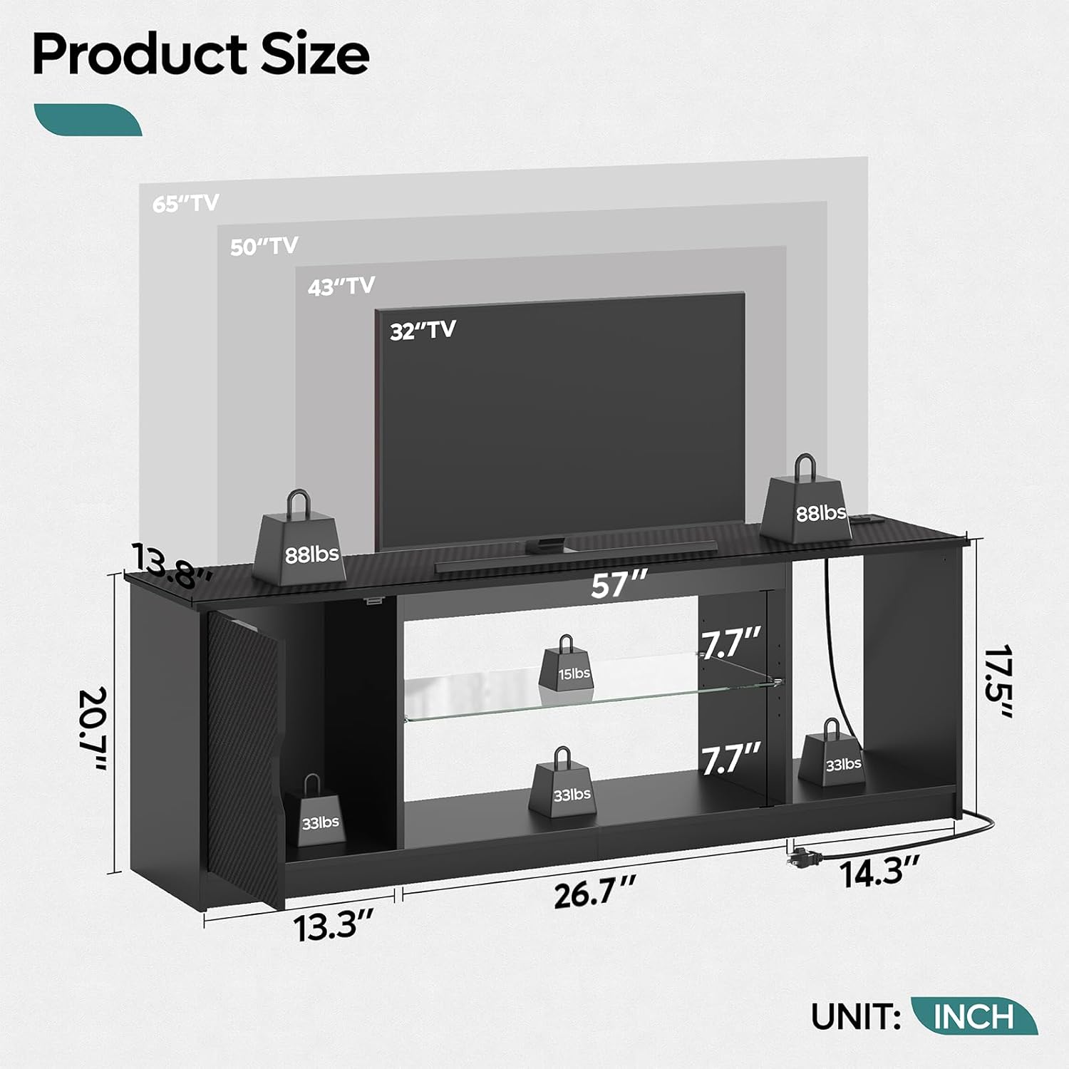 Bestier TV Stand with Power Outlets for Bedroom, Gaming TV Stand for 65inch TV, Black Entertainment Center for PS5, TV Console with Adjustable Glass Shelves for Living Room, Black - Image 3
