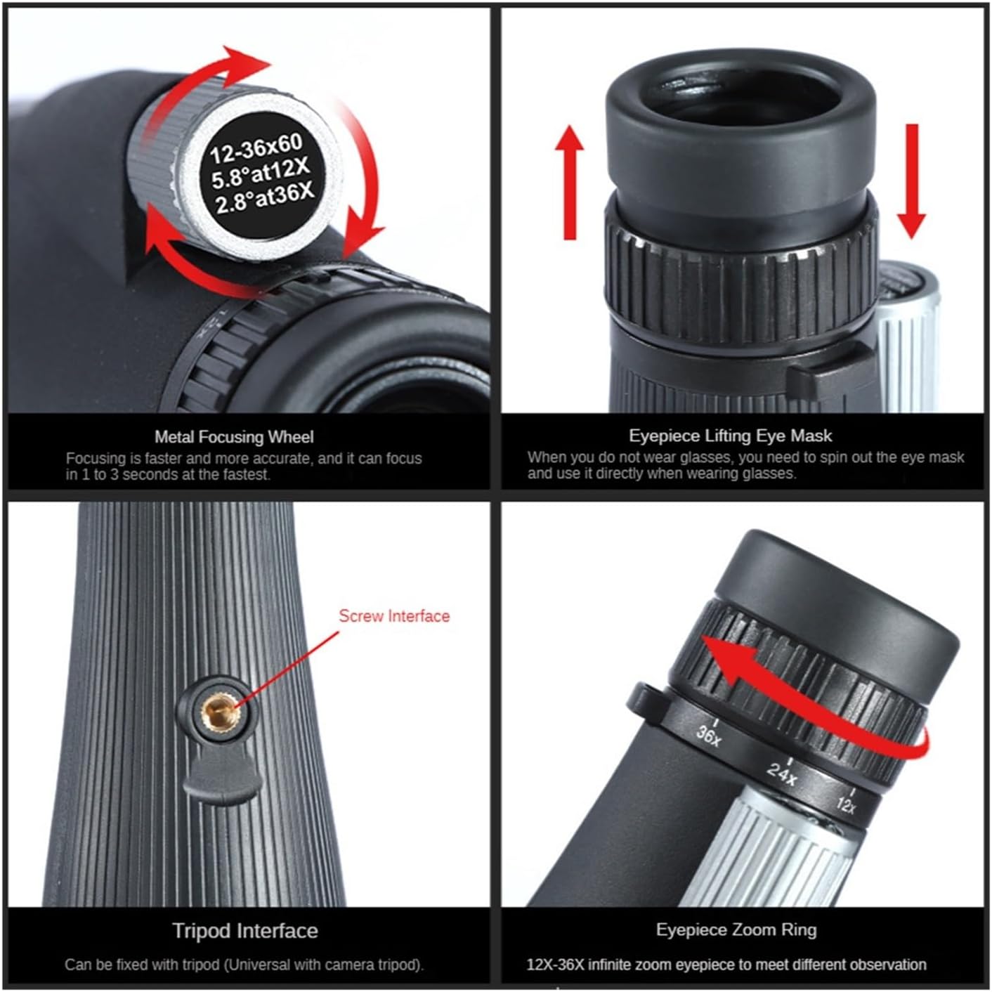 12-36X60 Monocular Bird Watching Telescope HD Zoom Monocular Telescope Spotting Scope for Bird Watching,Hunting and Outravel Sharp Images(GN0026 Green Set) (Gn0026 Black Set) - Image 5
