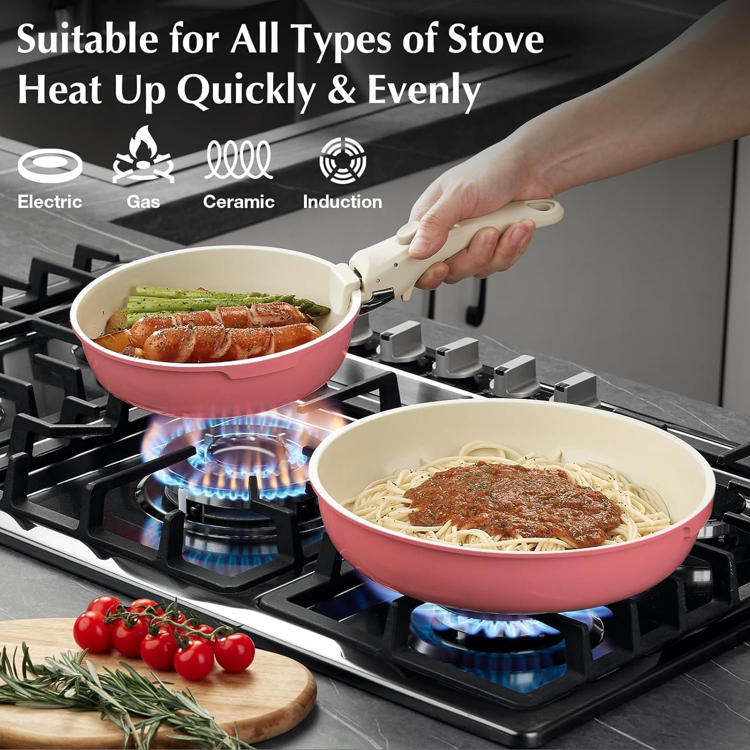 Ceramic Pots and Pans Set Non Stick Pink, 8 Pcs Nonstick Cookware Set with Detachable Handle RV Camping Induction Kitchen Cookware Set Non Stick, PFAS PFOA & PTFE Free - Image 8