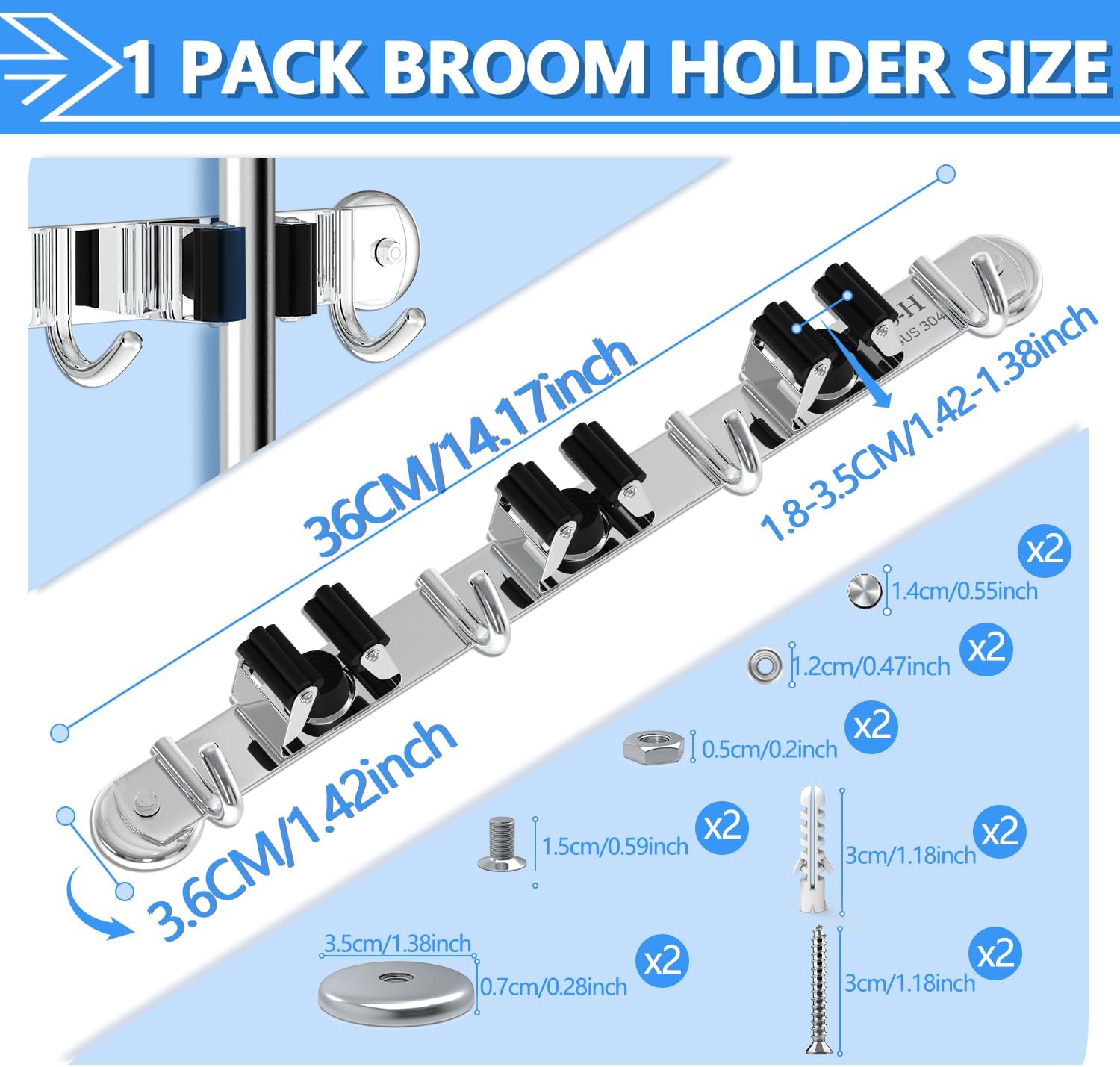 3-H Magnetic Broom Holder Wall Mounted 1 Pack, Strong Magnetic Broom Hooks 13 Inch, Heavy Duty Magnet Broom Organizer Wall Mounted, Utility Storage Tools Rack for Home Kitchen Workshop Laundry Garage - Image 5