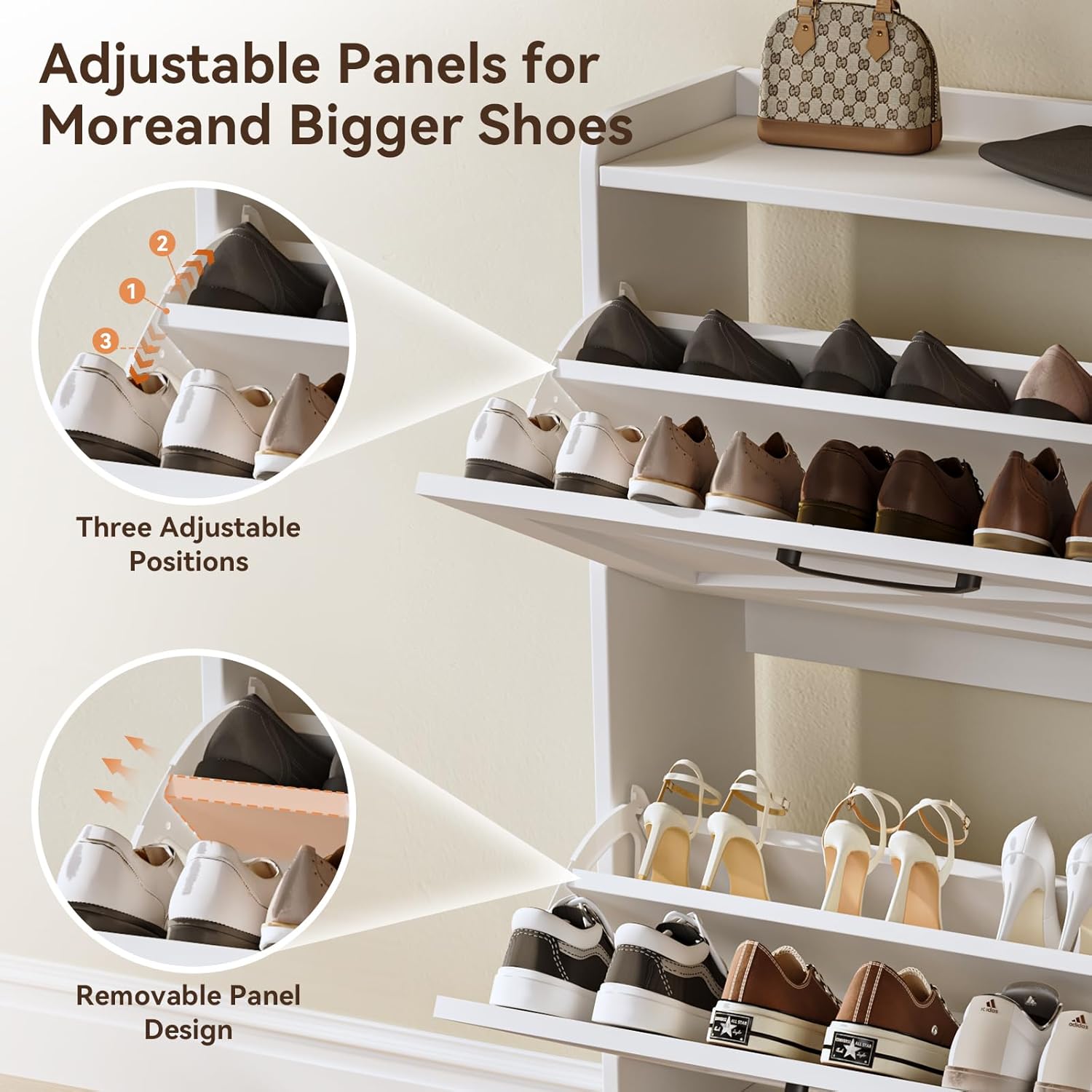 Shoe Cabinet with 2 Flip Drawers,Narrow Storage Cabinet&Fluted Shoe Cabinet,Shoe Organizer & Shoe Rack for Entryway,Farmhouse Slim Shoe Storage Cabinet for Entryway, White - Image 6