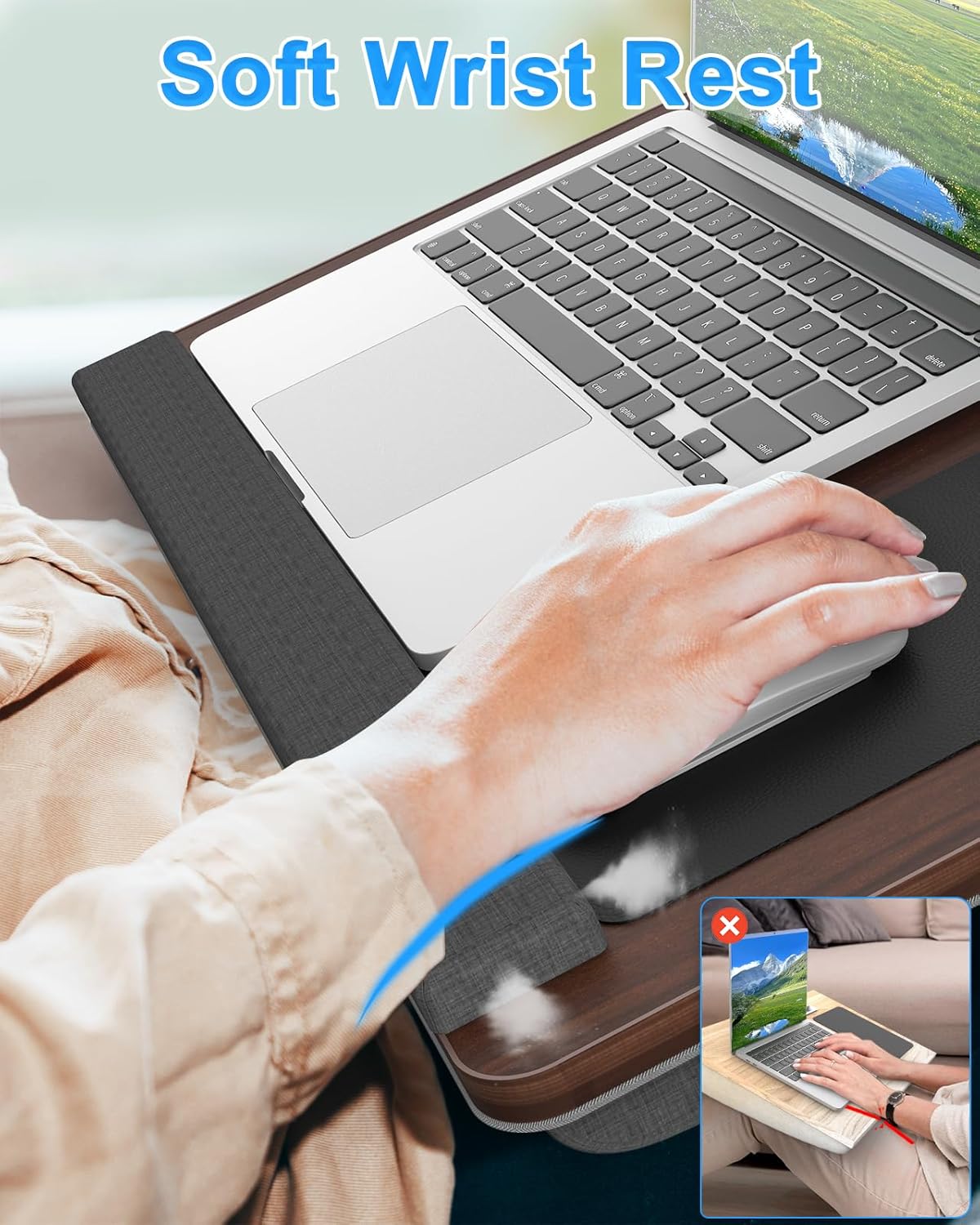 Laptop Lap Desk, Portable Large Laptop Desk for Bed, Up to 17 in Lap Table with Wrist Rest, Mouse Pad, Tablet Phone Slot, Portable Handle, Lap Tray with Cushion (Dark Brown) - Image 4