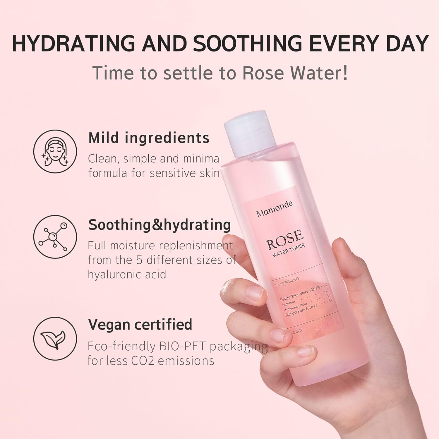 Mamonde Rose Water Vegan Toner for Face - 90.97% Pure Rosewater, Organic Certified, Soothing and Hydrating, Alcohol-Free, Korean Skin Care, 8.45 Fl Oz - Image 3