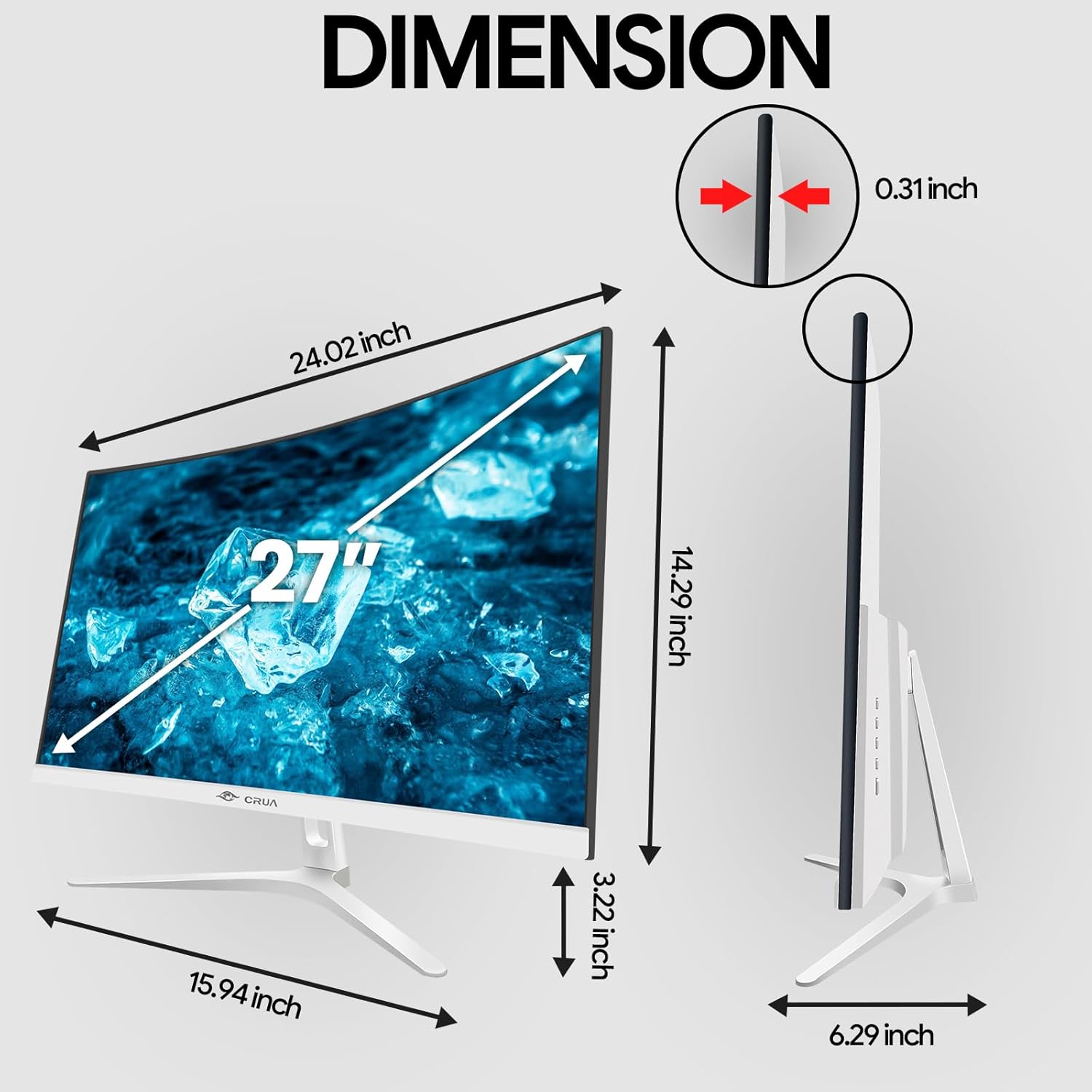 CRUA 27" Curved White Monitor, Full HD(1920x1080P) VA Panel 1800R 100HZ 120% sRGB Professional Computer Monitors, 3Sides Frameless, Flicker-Less,Blue Light Filter, for Office & Gaming.(VGA, HDMI) - Image 8