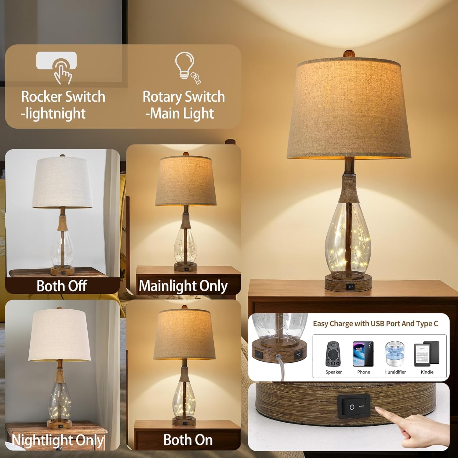OYEARS 23" USB A+C Table Lamp Sets of 2 Modern Bedside Lamps Retro Farmhouse Rattan Glass Nightstand Nightlight Lamps for Bedroom Living Room Dorm,Two Light Points - Image 3