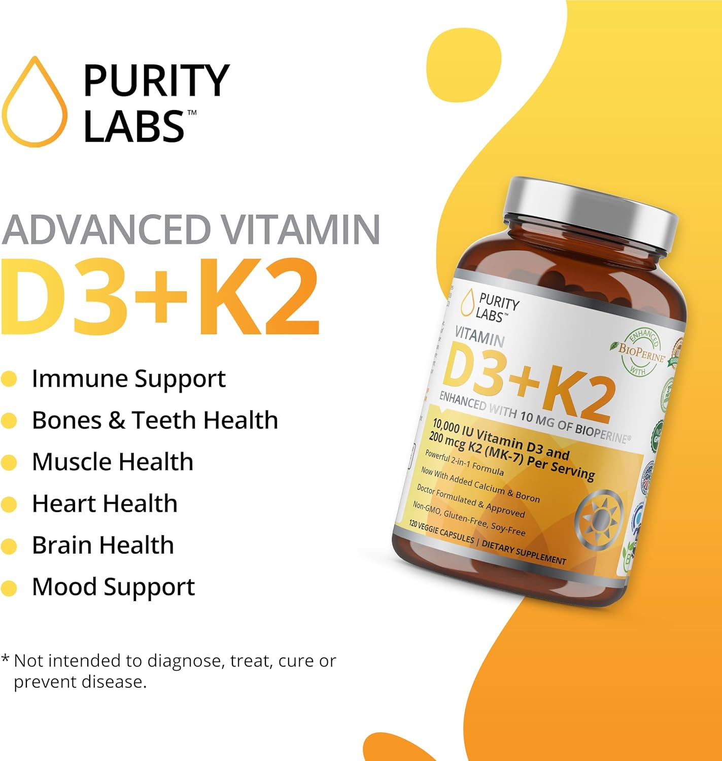 Purity Labs Vitamin D3 K2 10000 IU, (250mcg) D3 + 200mcg K2 MK7 - Immune Support Supplement Enhanced with Bioperine - Supplements for Daily Defense, Bone, Muscle & Skin Health - 120 Capsules - Image 6