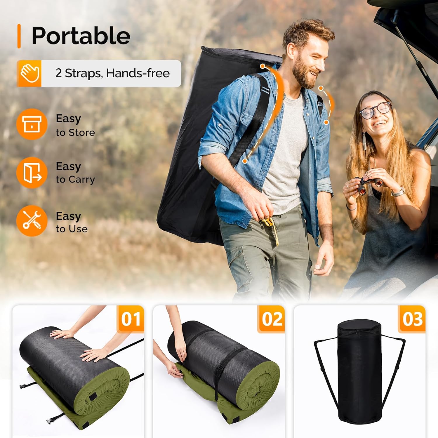 VINGLI 3 "Memory Foam Sleeping Pad Camping Mattress, Portable Floor Mattress Sleeping Mat Bed Roll Up for Guests Adult with Pillow & Phone Pocket - Image 3