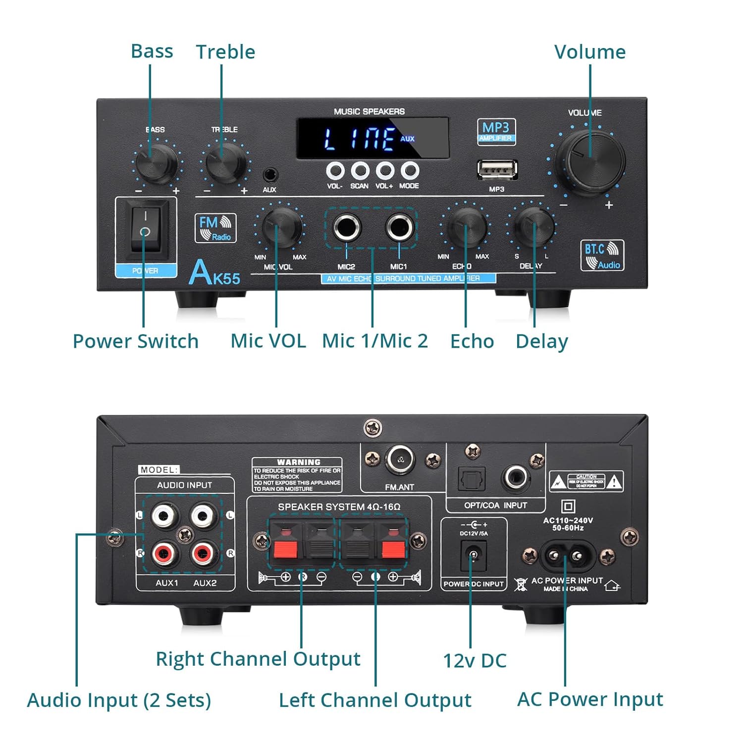 Home Audio Amplifier, Wireless Bluetooth Stereo Receivers Power Amplifier, RMS 70Wx2 450W 2.0 Channel Stereo System Amplifiers with Optical USB/SD, AUX, RCA, MIC in Echo FM Radio, Remote Control - Image 9
