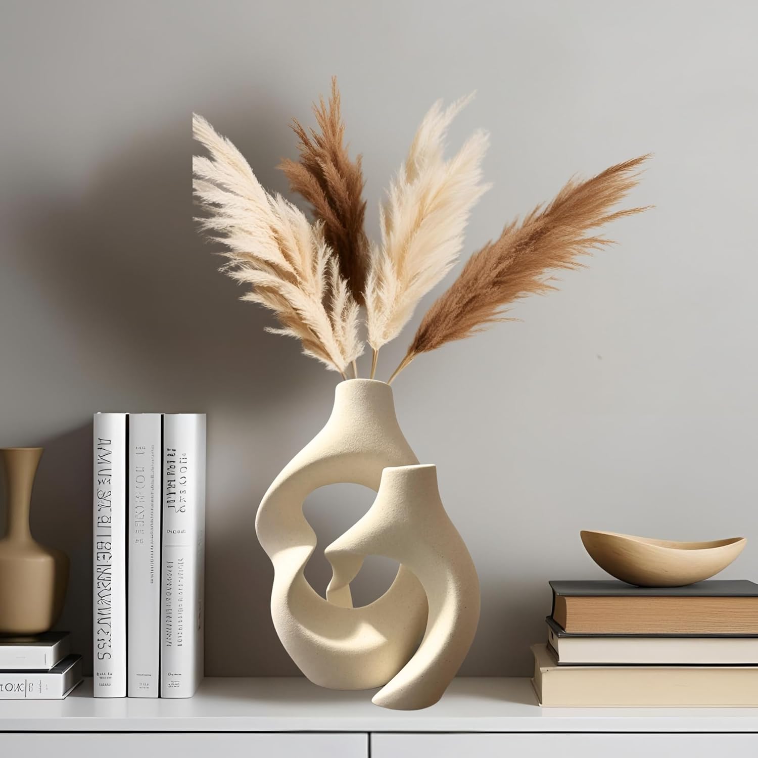 Ceramic Vase Set of 2 – Hollow Donut Flower Vase for Home Decor, Modern Nordic Boho Aesthetic Vases for Coffee Table Decor, Bookshelf Decor, Living Room, Entryway, Office Display (Cream White) - Image 5