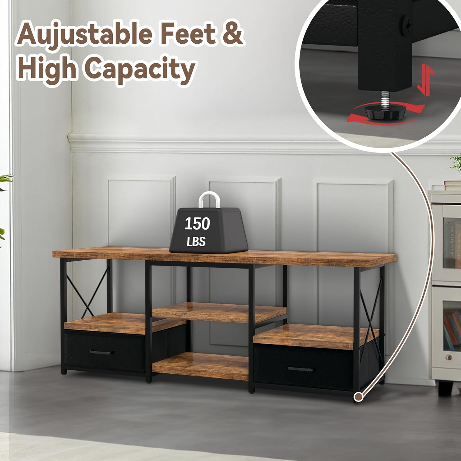 TV Stand with Fabric Drawers for 55 60 65 Inches TV - Modern Entertainment Center with Open Shelves and Cable Management, Industrial Style TV Console for Living Room, Bedroom - Image 5