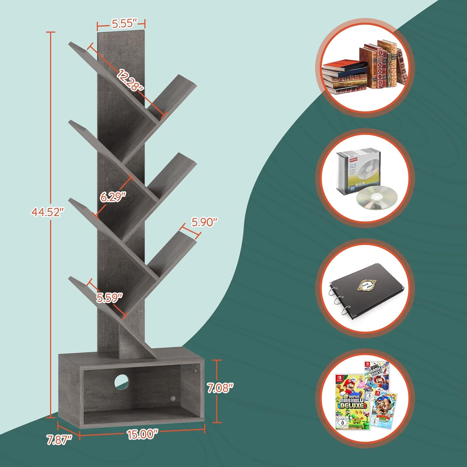 Yoobure Tree Bookshelf - 6 Shelf Retro Floor Standing Bookcase, Round Side Table, LED Night Stand with Charger Station - Image 3