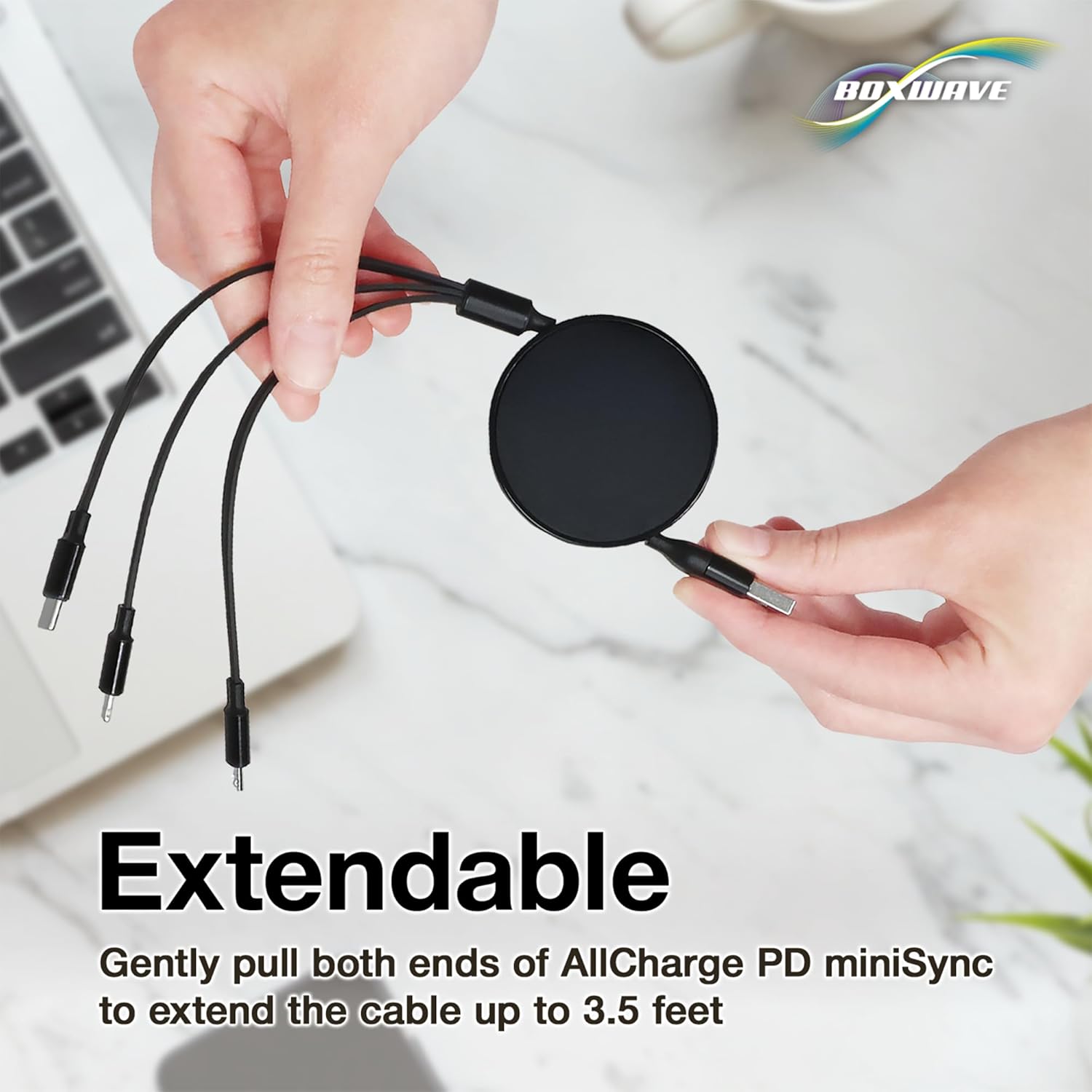 BoxWave Cable Compatible with Jumper J1 Convertible Laptop (16 in) - AllCharge PD miniSync (100W), Retractable High-Speed Charging Portable USB Cable - Jet Black - Image 5