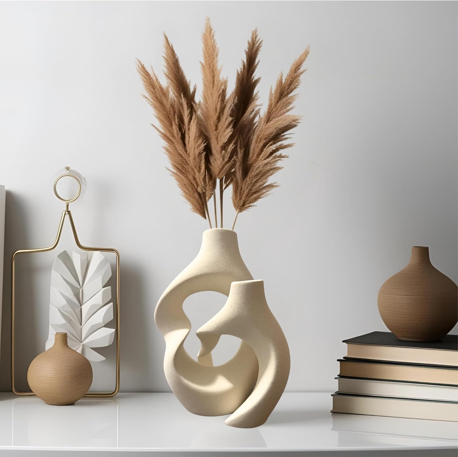 Ceramic Vase Set of 2 – Hollow Donut Flower Vase for Home Decor, Modern Nordic Boho Aesthetic Vases for Coffee Table Decor, Bookshelf Decor, Living Room, Entryway, Office Display (Cream White) - Image 6