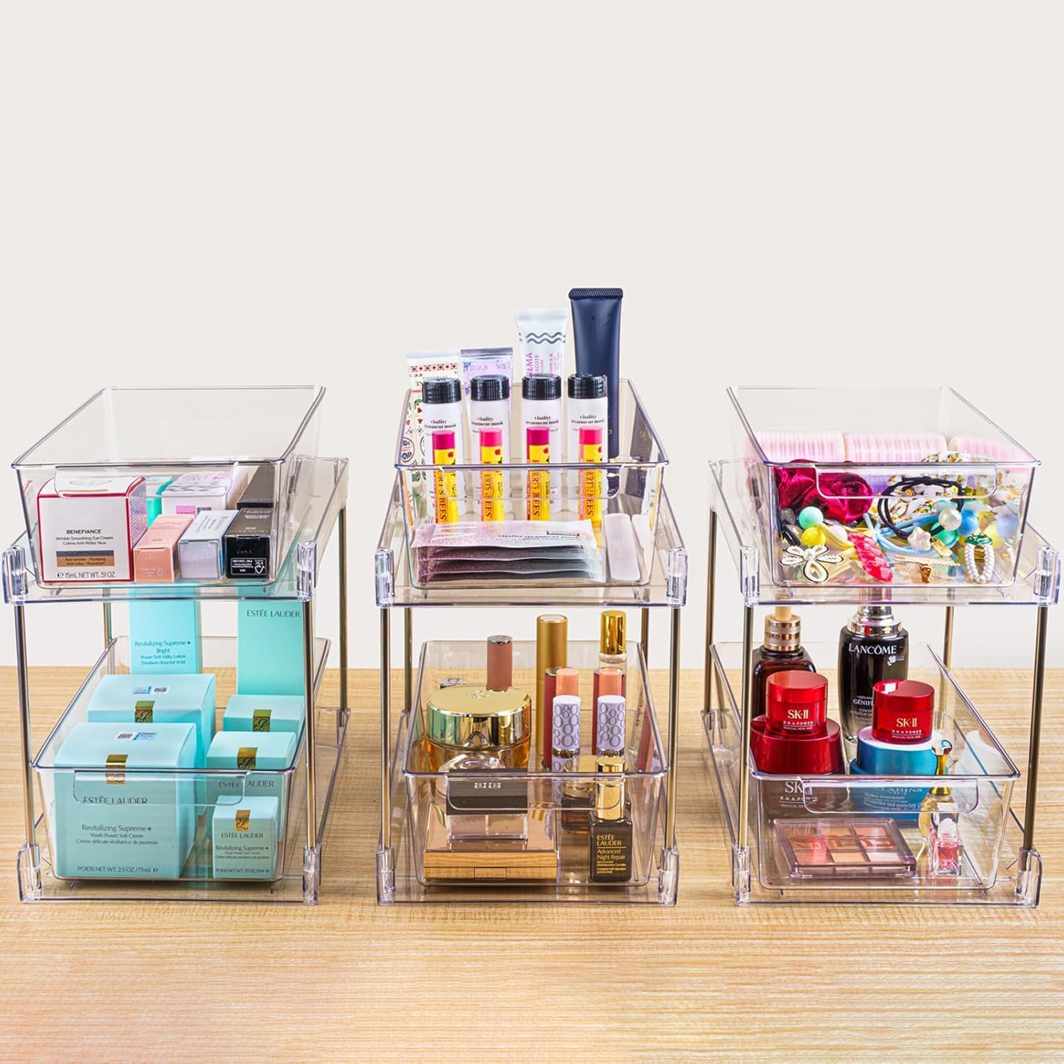 4 Pack 2-Tier Bathroom Under Sink Organizers and Storage - Clear Stackable Containers for Kitchen, Pantry, Vanity, Medicine Cabinet, Makeup, and Counter with Pull-Out Track - Image 4