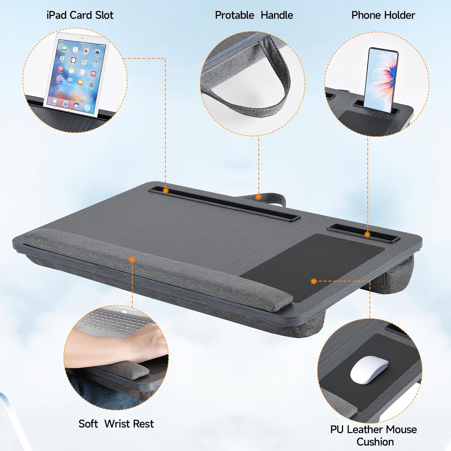 Laptop Stand for Lap,Lap Desk Fits Up to 17 inch with Wrist Rest, Mouse Pad, and Phone Holder, Carrying Handle, Laptop Lap Desk for Bed for Home Office - Black - Image 5