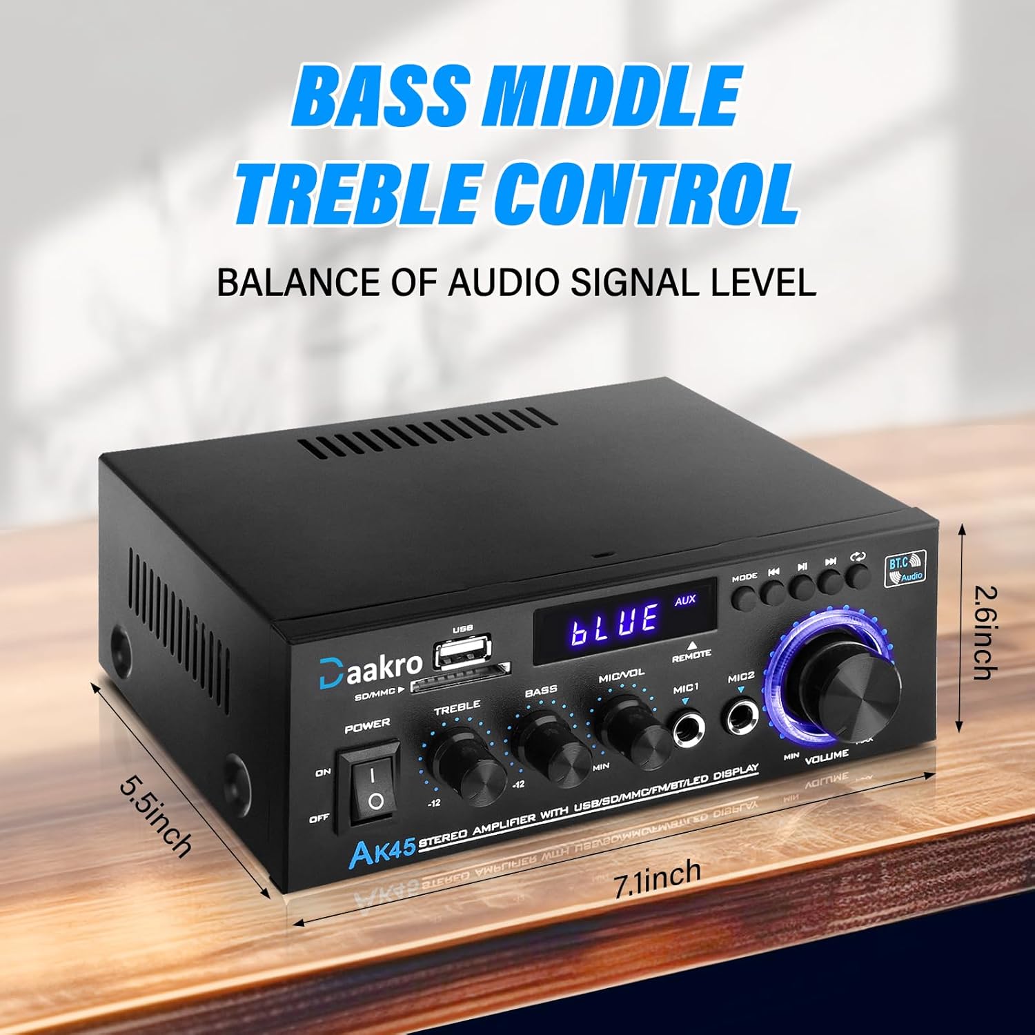AK45 Stereo Audio Amplifier,300W Home 2 Channel Wireless Bluetooth 5.0 Power Amplifier System, Home Amplifiers FM Radio, USB, SD Card, with Remote Control Home Theater Audio Stereo System - Image 7
