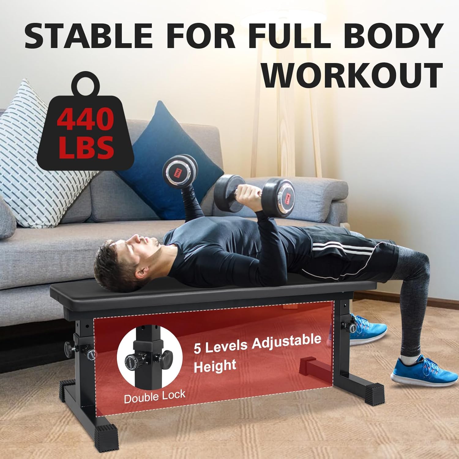 Flat Weight Bench, Utility Workout Adjustable Height Weight Bench Press with Thick Cushion & Anti-slip Foot Pads, Compact Strength Training for Exercise & Fitness, Home/Gym Easy Assembly - Image 3